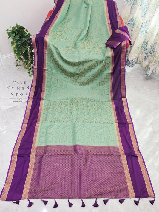 Royal Mint Aqua & Orchid Purple Gap Border Semi Mysore Crepe Silk Saree with Unstitched Blouse Piece