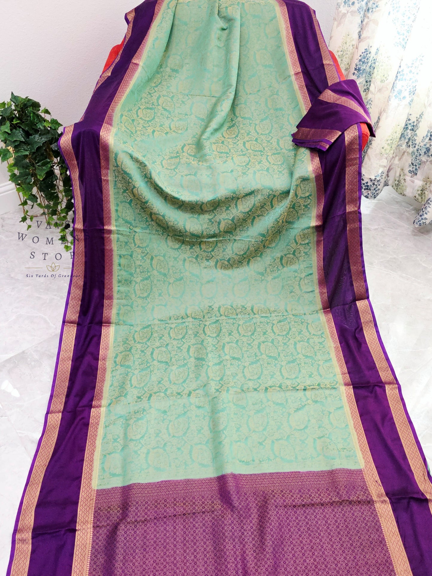 Royal Mint Aqua & Orchid Purple Gap Border Semi Mysore Crepe Silk Saree with Unstitched Blouse Piece