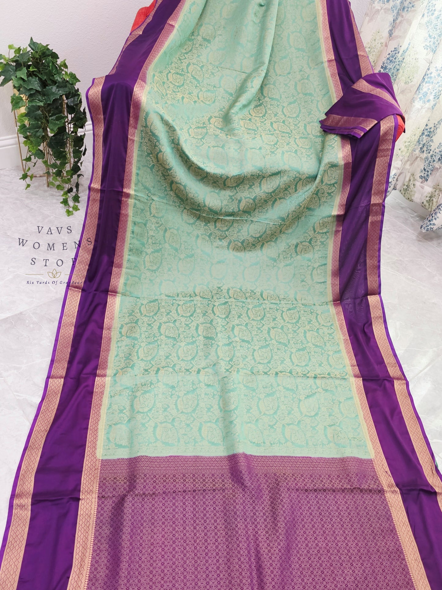 Royal Mint Aqua & Orchid Purple Gap Border Semi Mysore Crepe Silk Saree with Unstitched Blouse Piece
