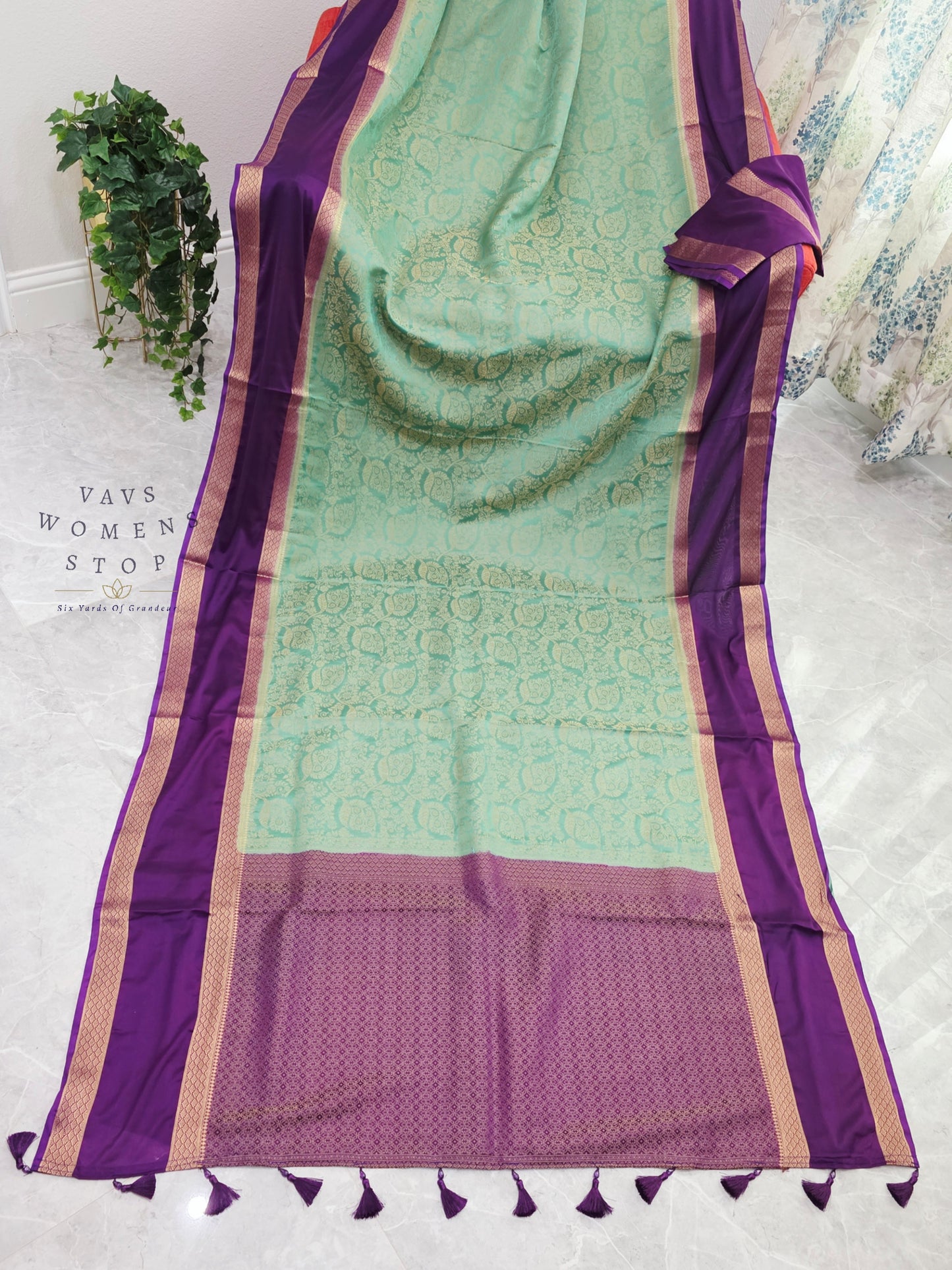 Royal Mint Aqua & Orchid Purple Gap Border Semi Mysore Crepe Silk Saree with Unstitched Blouse Piece
