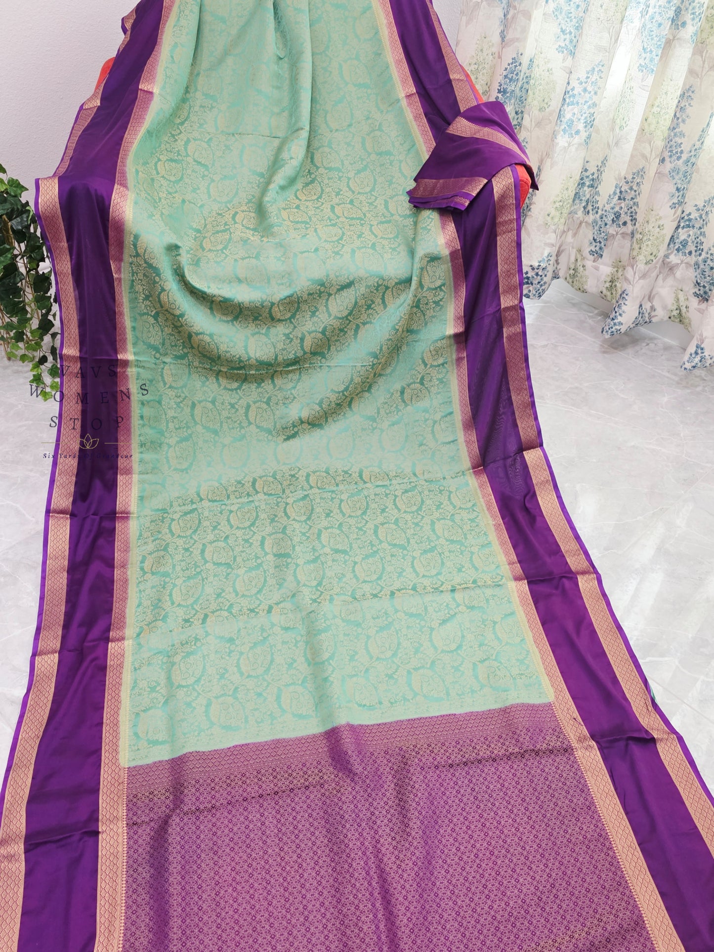 Royal Mint Aqua & Orchid Purple Gap Border Semi Mysore Crepe Silk Saree with Unstitched Blouse Piece