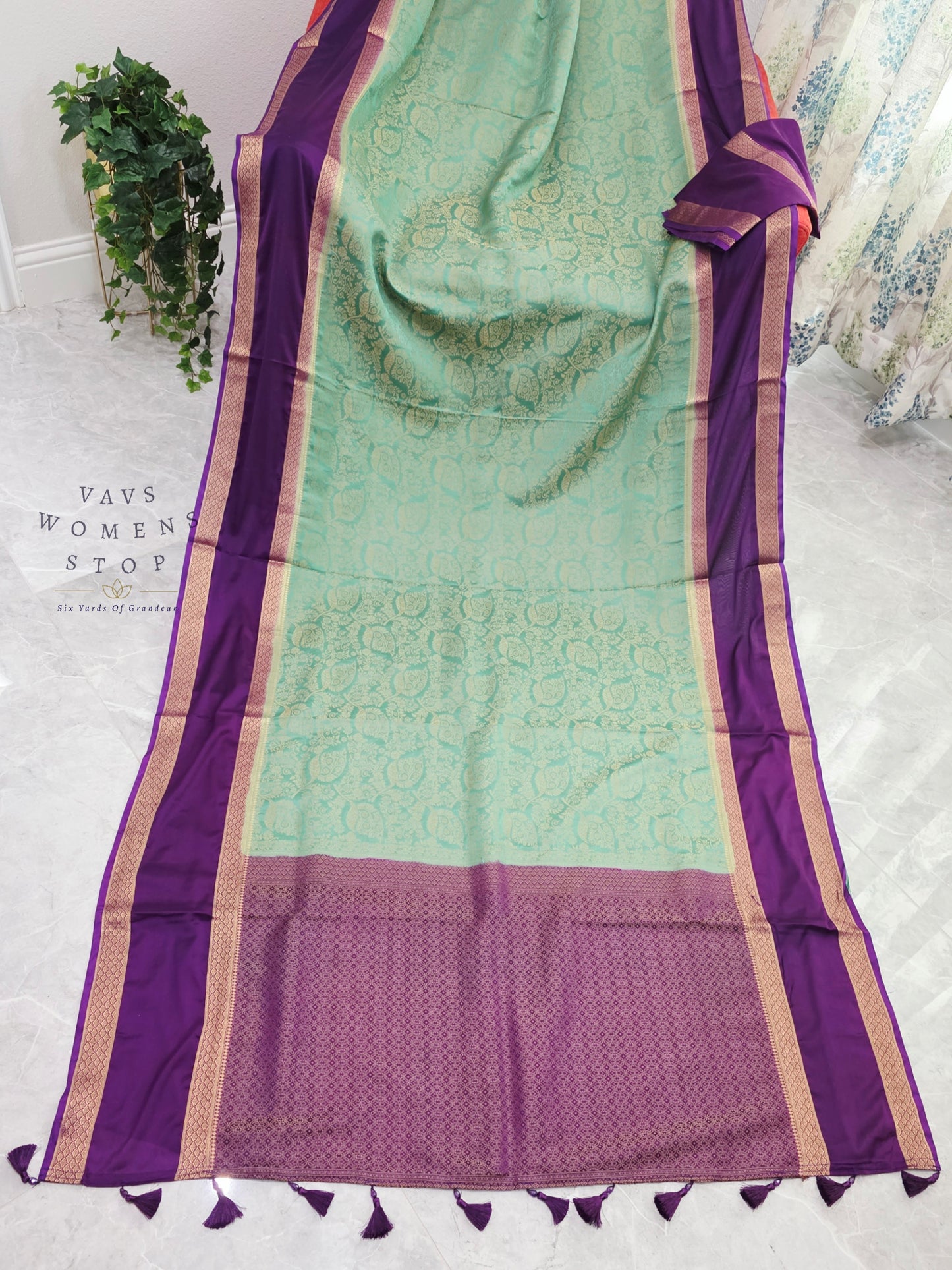 Royal Mint Aqua & Orchid Purple Gap Border Semi Mysore Crepe Silk Saree with Unstitched Blouse Piece