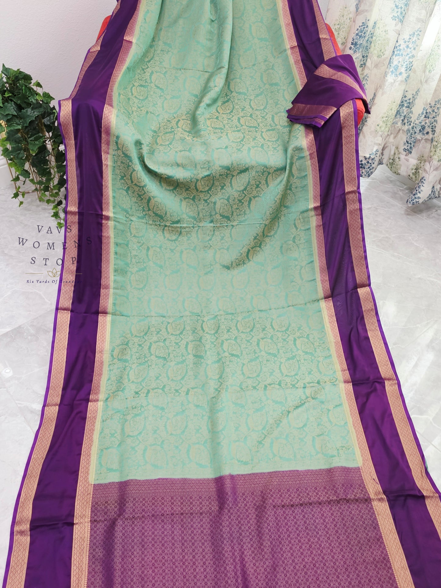 Royal Mint Aqua & Orchid Purple Gap Border Semi Mysore Crepe Silk Saree with Unstitched Blouse Piece