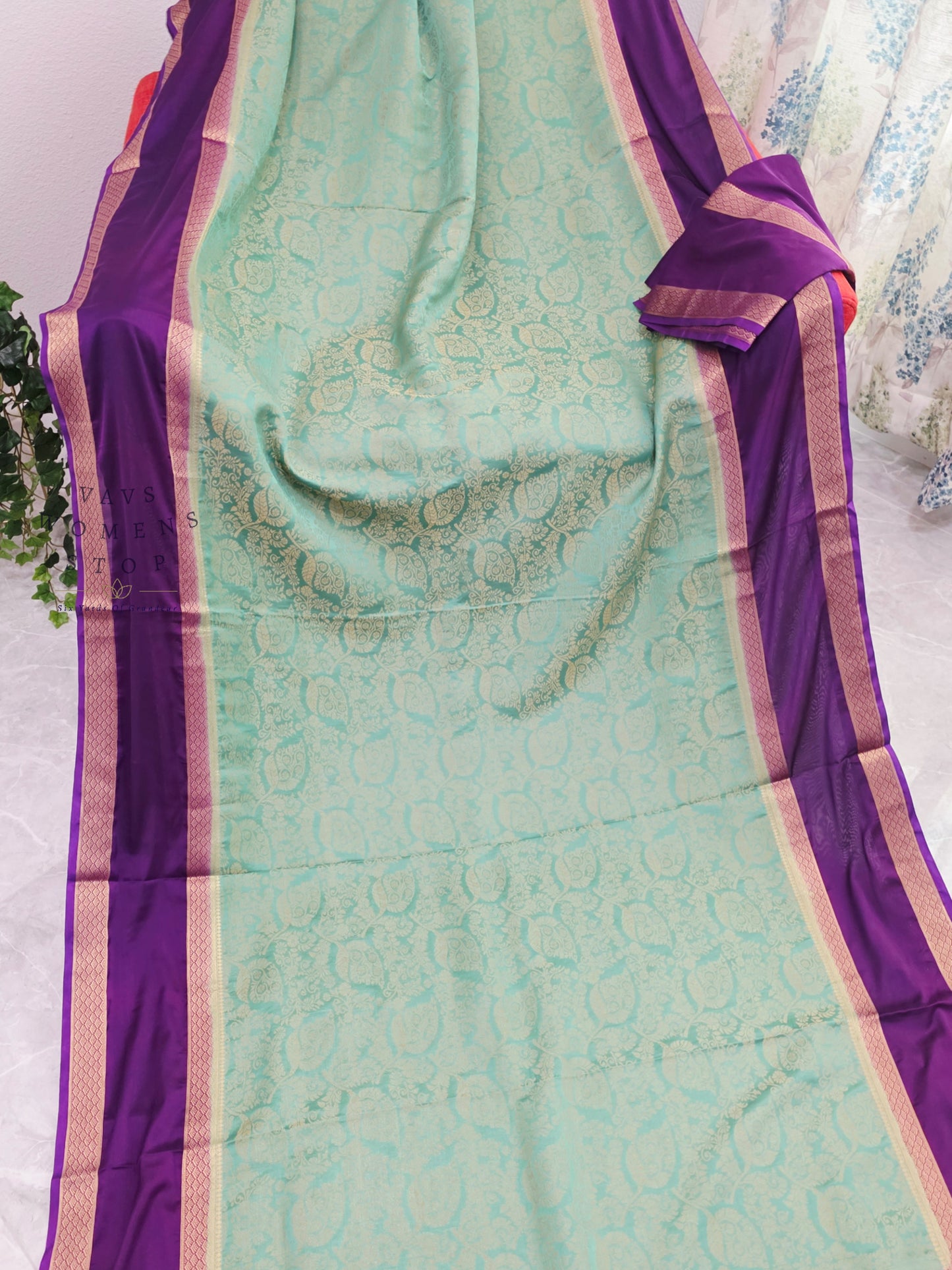 Royal Mint Aqua & Orchid Purple Gap Border Semi Mysore Crepe Silk Saree with Unstitched Blouse Piece