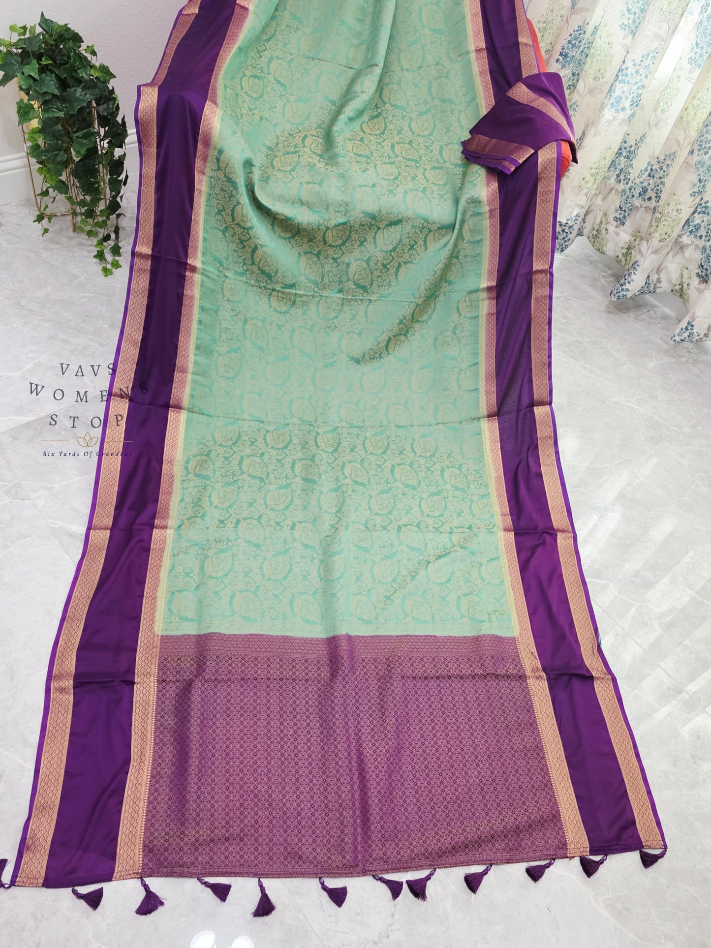 Royal Mint Aqua & Orchid Purple Gap Border Semi Mysore Crepe Silk Saree with Unstitched Blouse Piece