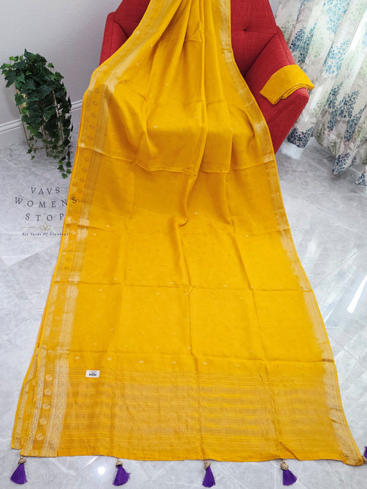 Sunlit Mustard Yellow Designer Munga Georgette Saree with Unstitched Blouse Piece