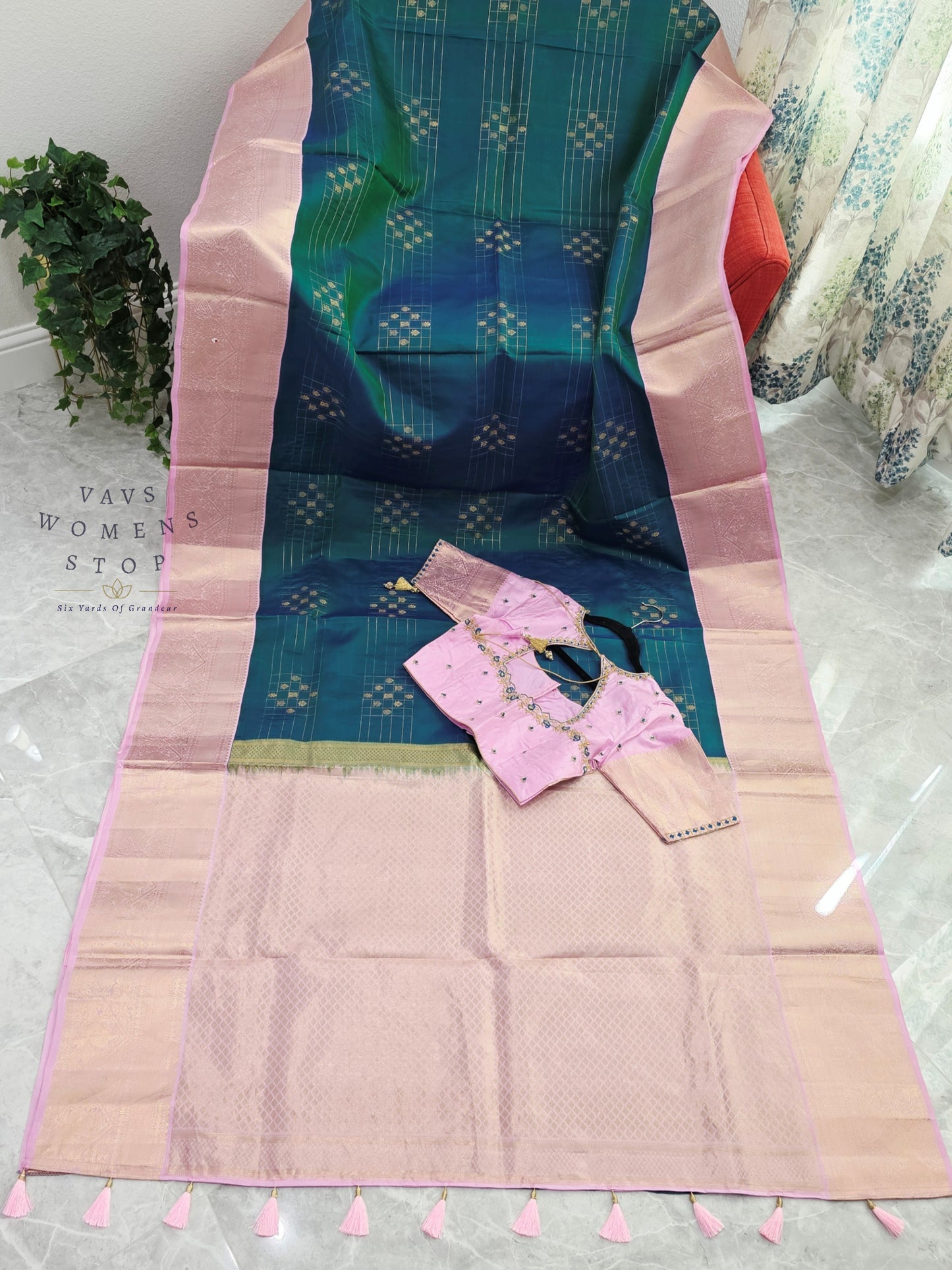 Royal Peacock Teal Blue & Pastel Lavender Rose Pure Kanchipuram Soft Silk Saree with Maggam Blouse