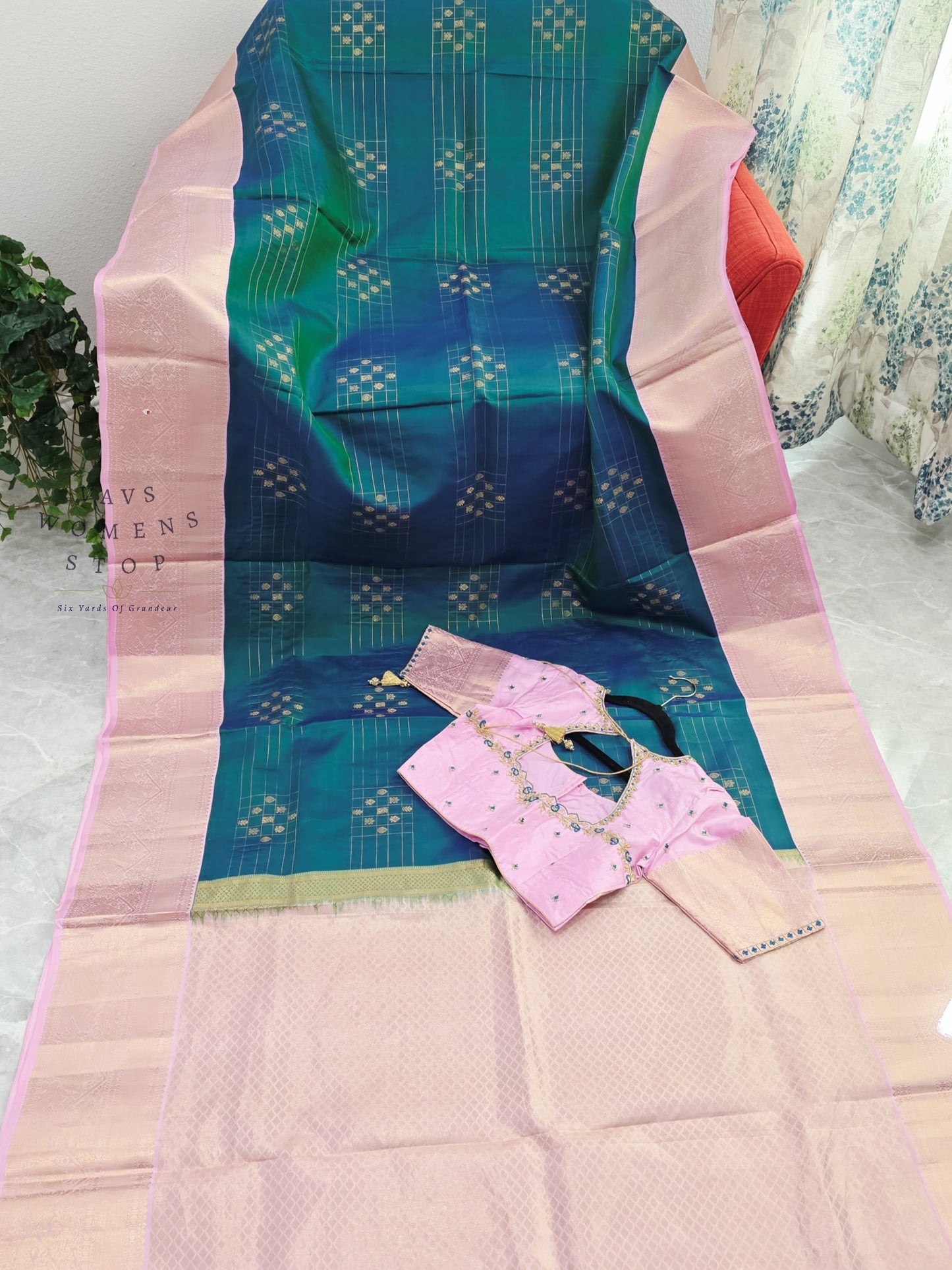 Royal Peacock Teal Blue & Pastel Lavender Rose Pure Kanchipuram Soft Silk Saree with Maggam Blouse