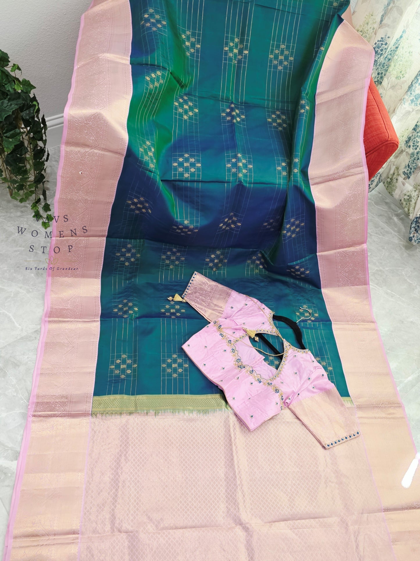 Royal Peacock Teal Blue & Pastel Lavender Rose Pure Kanchipuram Soft Silk Saree with Maggam Blouse