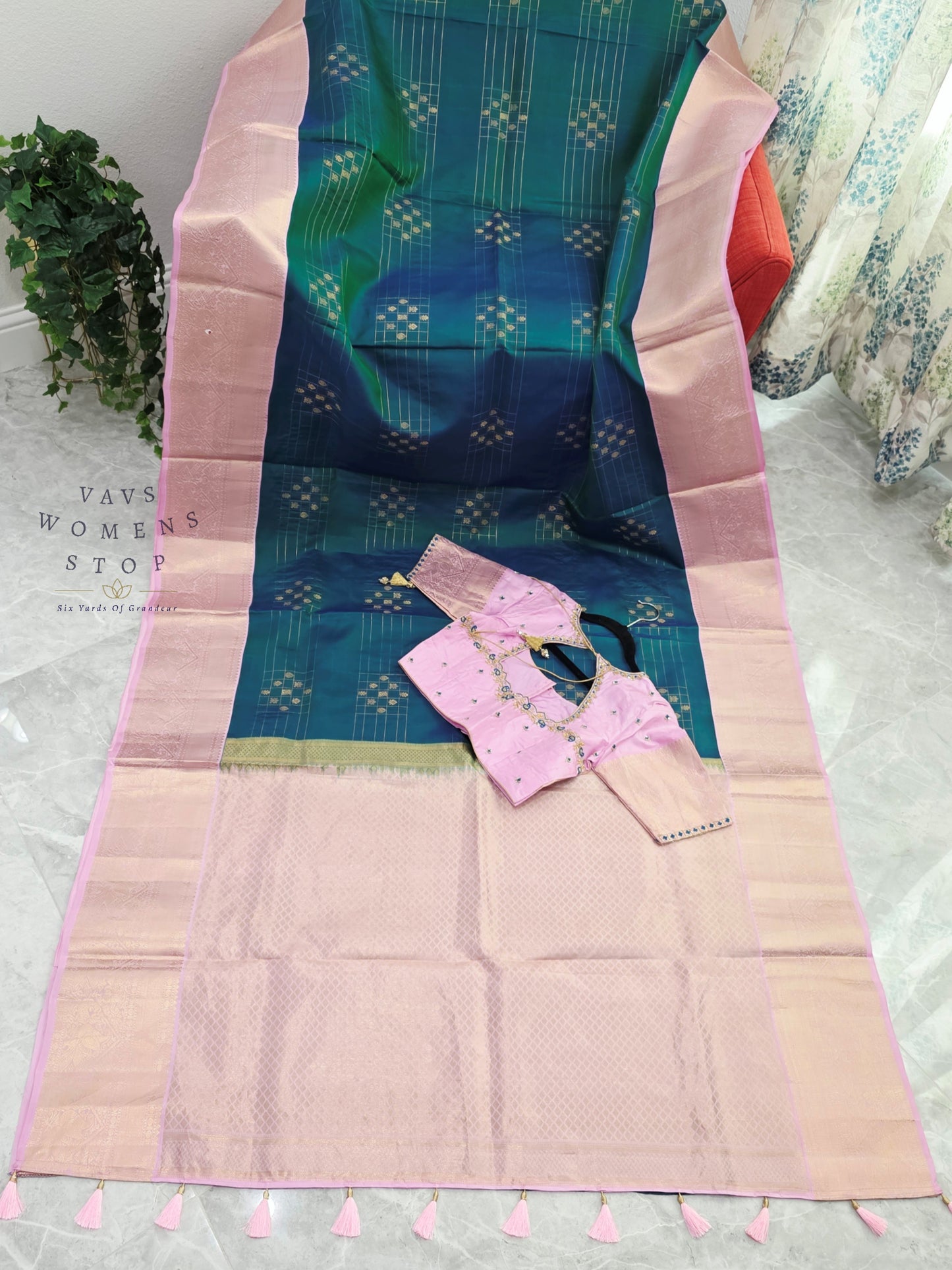 Royal Peacock Teal Blue & Pastel Lavender Rose Pure Kanchipuram Soft Silk Saree with Maggam Blouse