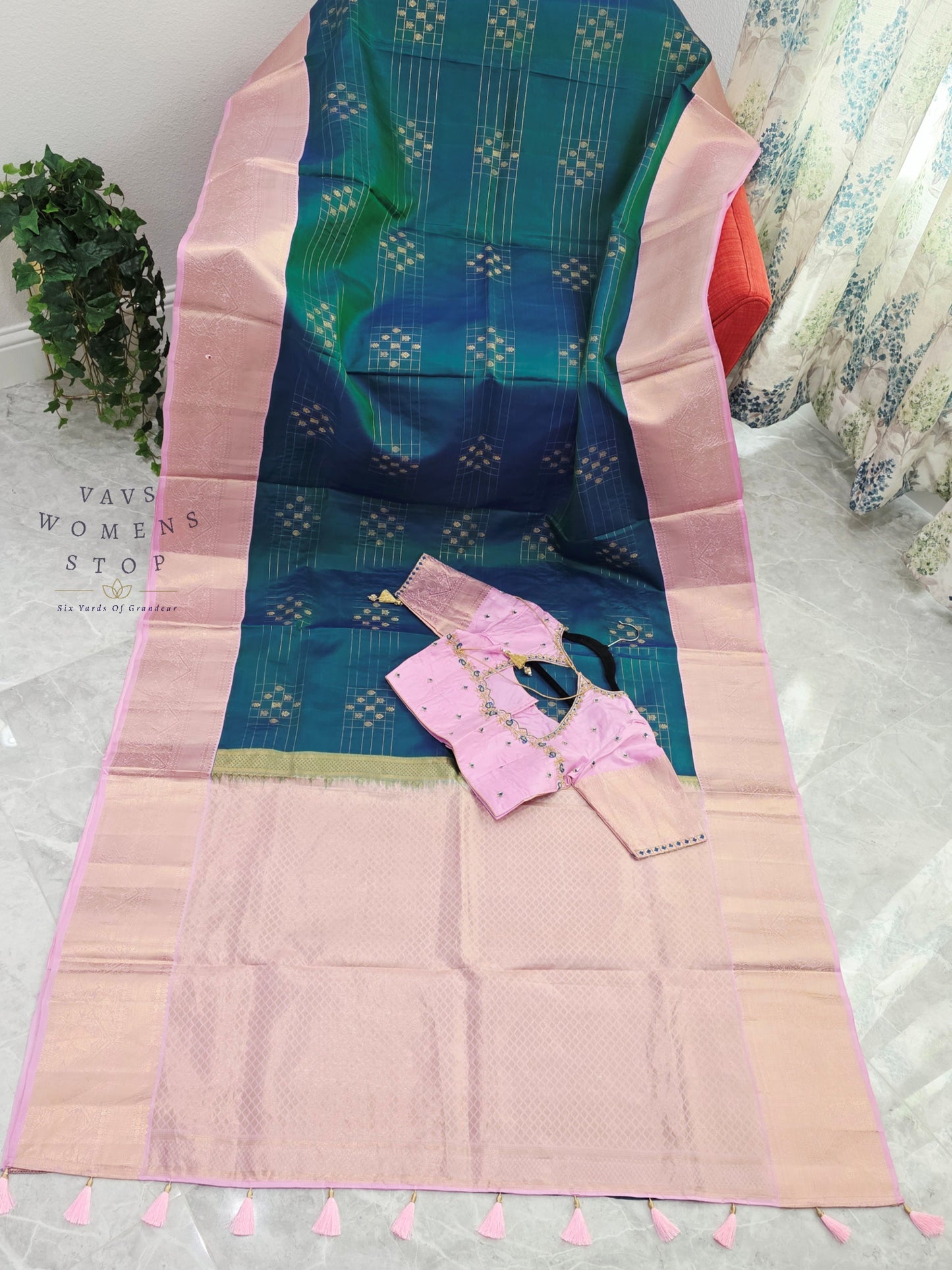 Royal Peacock Teal Blue & Pastel Lavender Rose Pure Kanchipuram Soft Silk Saree with Maggam Blouse