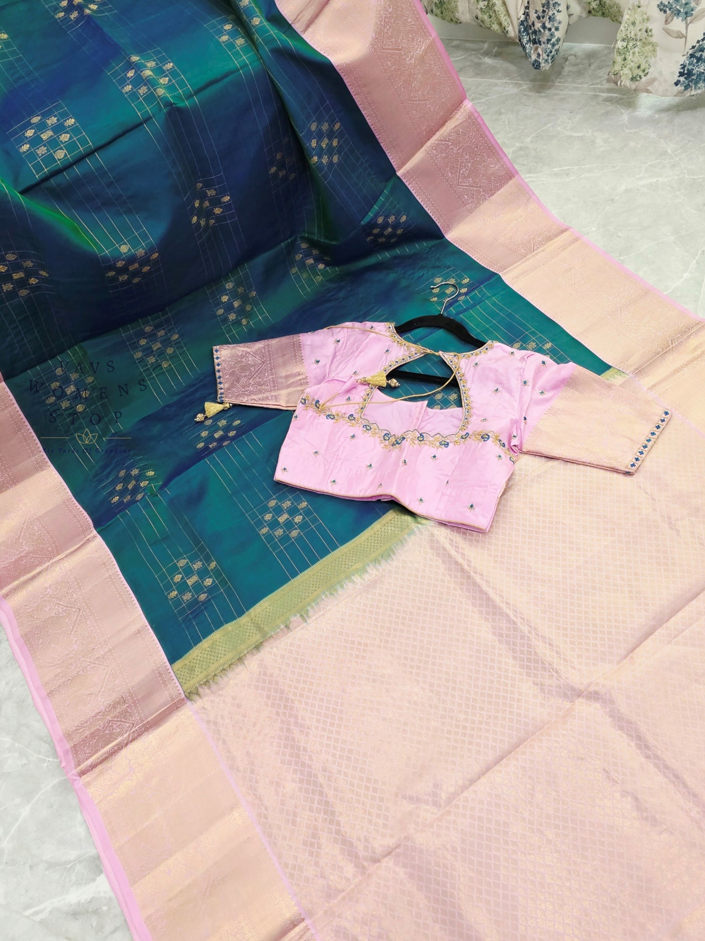 Royal Peacock Teal Blue & Pastel Lavender Rose Pure Kanchipuram Soft Silk Saree with Maggam Blouse