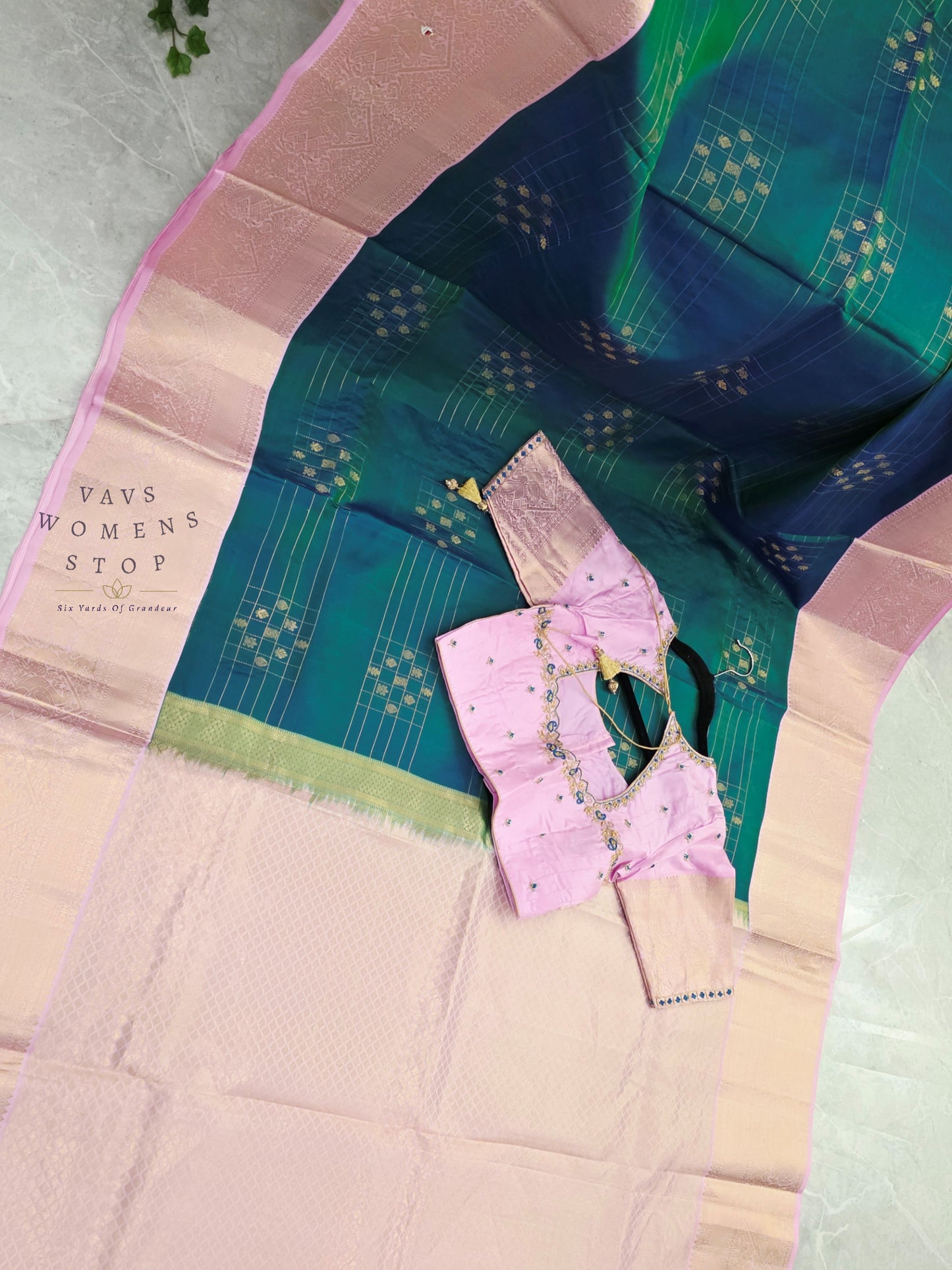 Royal Peacock Teal Blue & Pastel Lavender Rose Pure Kanchipuram Soft Silk Saree with Maggam Blouse