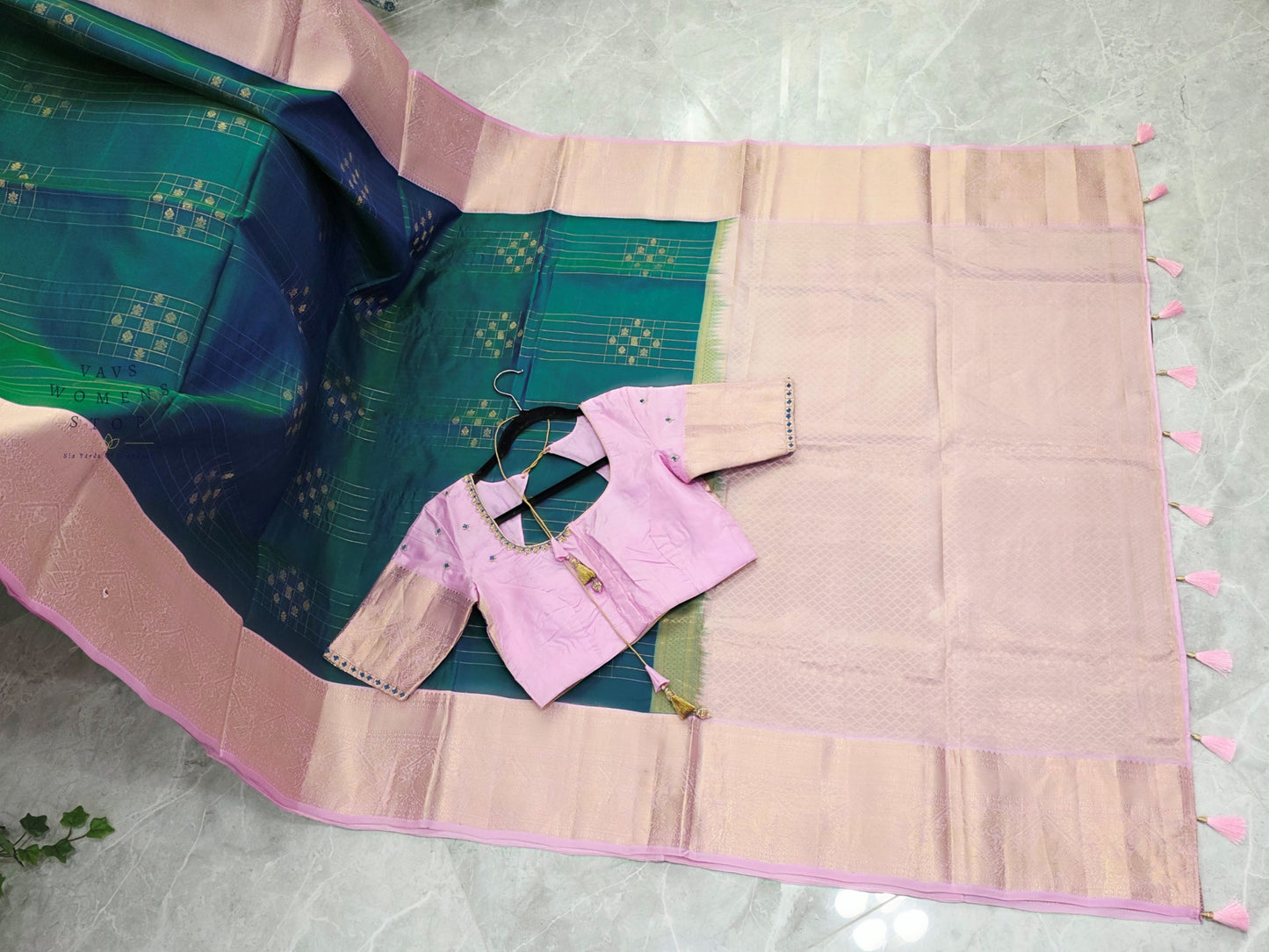 Royal Peacock Teal Blue & Pastel Lavender Rose Pure Kanchipuram Soft Silk Saree with Maggam Blouse