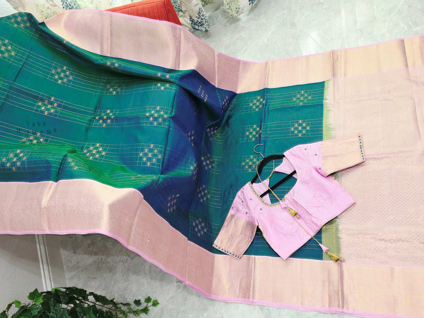 Royal Peacock Teal Blue & Pastel Lavender Rose Pure Kanchipuram Soft Silk Saree with Maggam Blouse