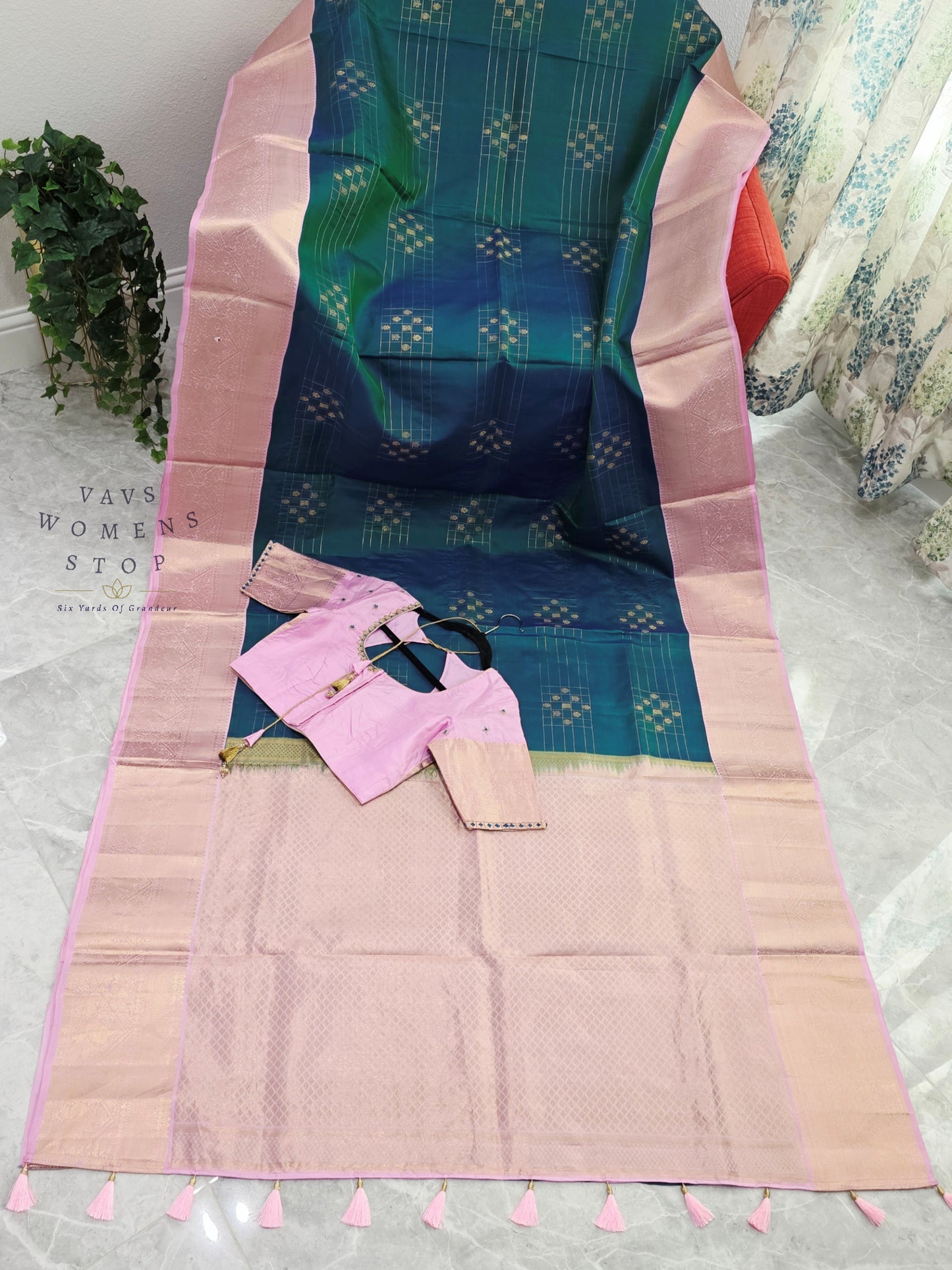 Royal Peacock Teal Blue & Pastel Lavender Rose Pure Kanchipuram Soft Silk Saree with Maggam Blouse