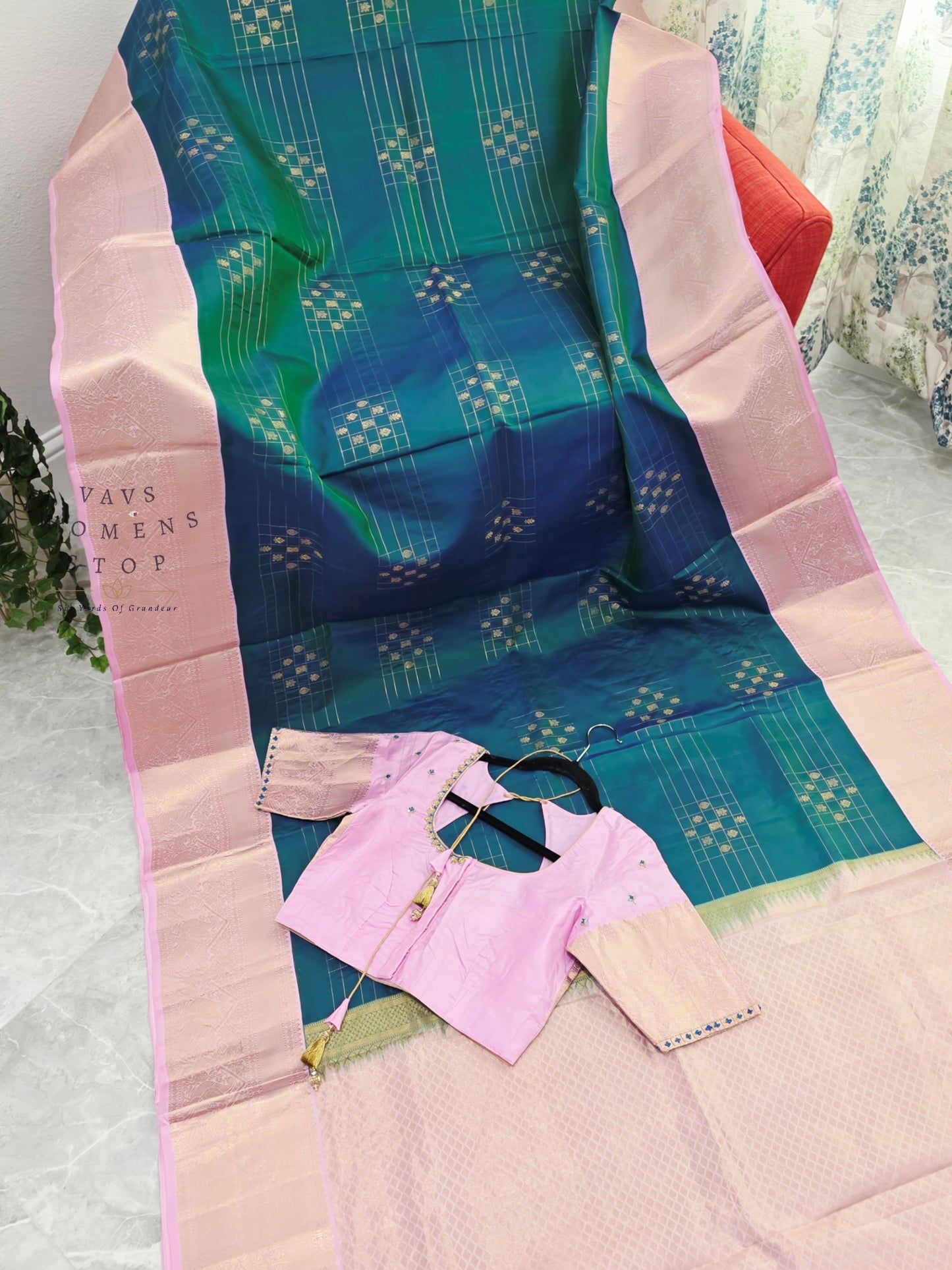 Royal Peacock Teal Blue & Pastel Lavender Rose Pure Kanchipuram Soft Silk Saree with Maggam Blouse