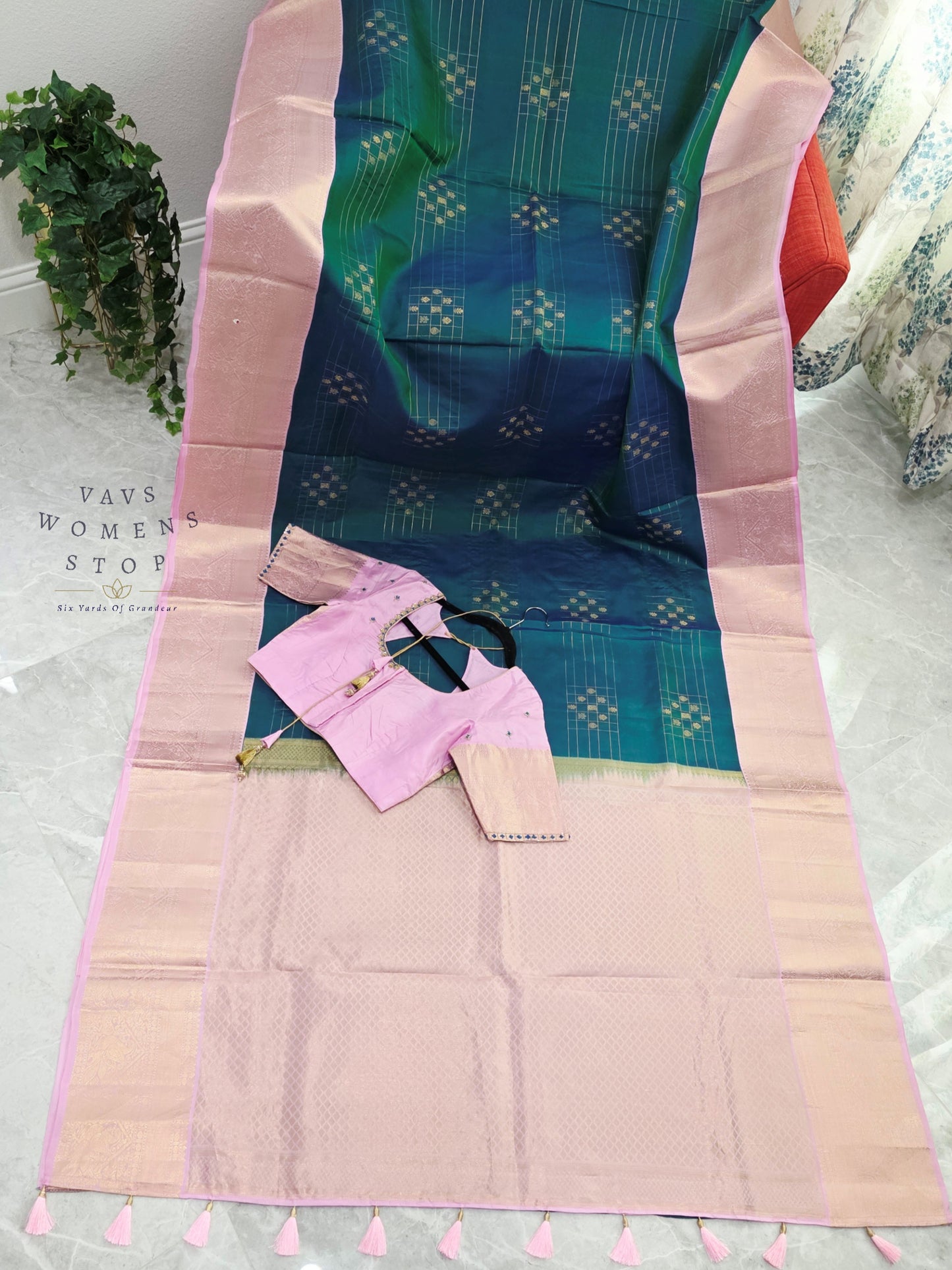 Royal Peacock Teal Blue & Pastel Lavender Rose Pure Kanchipuram Soft Silk Saree with Maggam Blouse