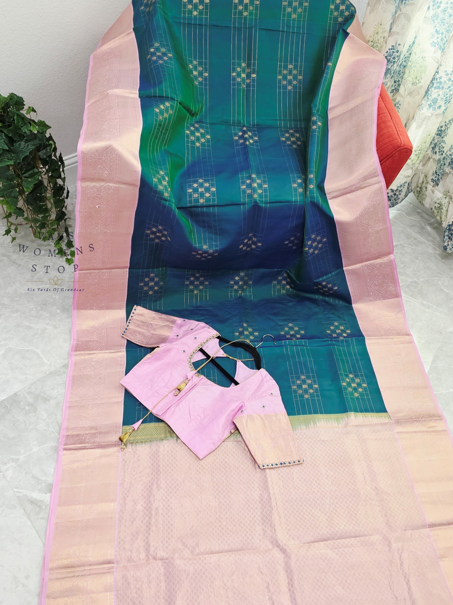Royal Peacock Teal Blue & Pastel Lavender Rose Pure Kanchipuram Soft Silk Saree with Maggam Blouse