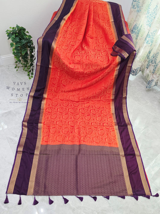 Royal Coral Peach & Orchid Purple Gap Border Semi Mysore Crepe Silk Saree with Unstitched Blouse Piece