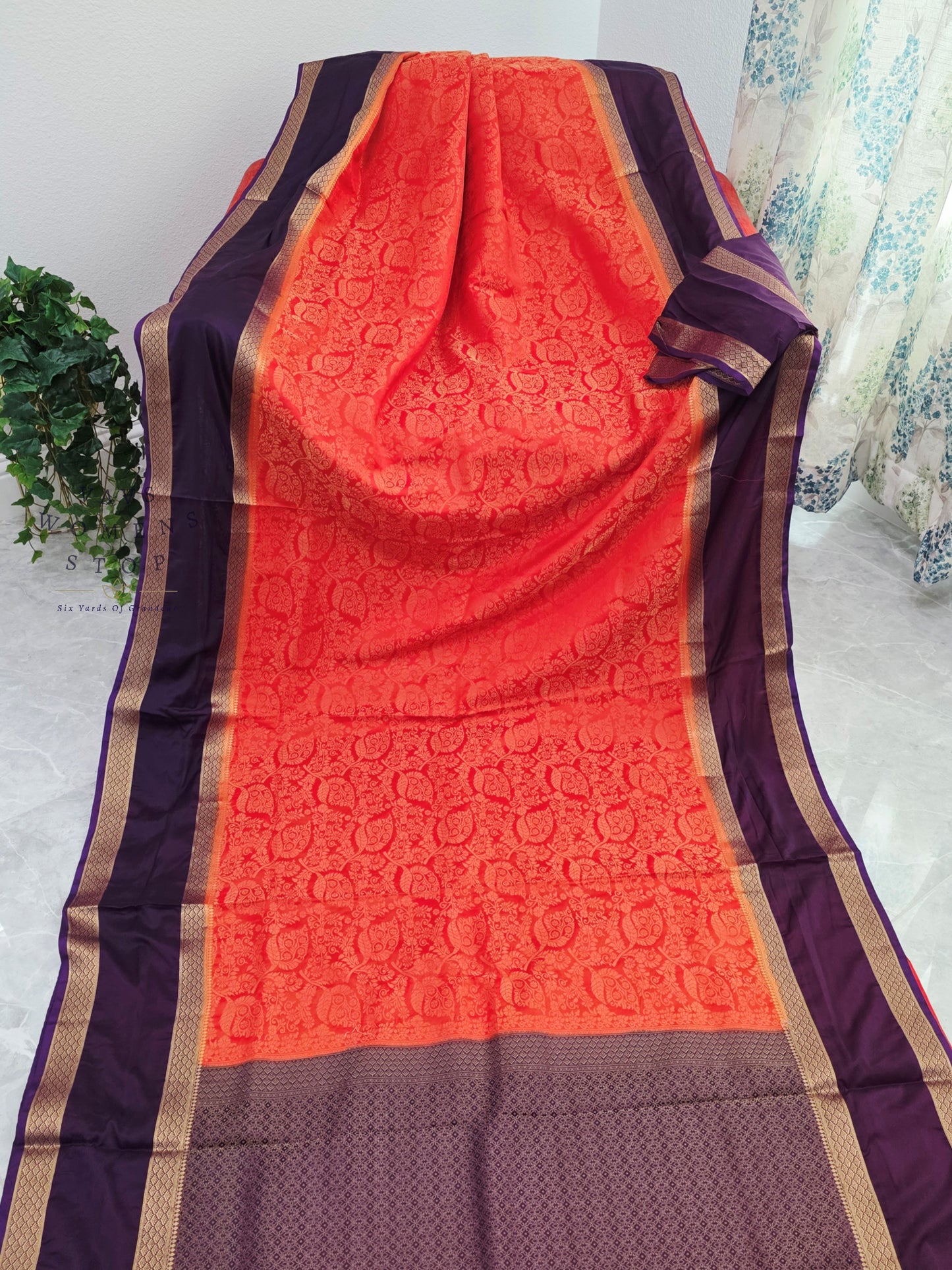 Royal Coral Peach & Orchid Purple Gap Border Semi Mysore Crepe Silk Saree with Unstitched Blouse Piece