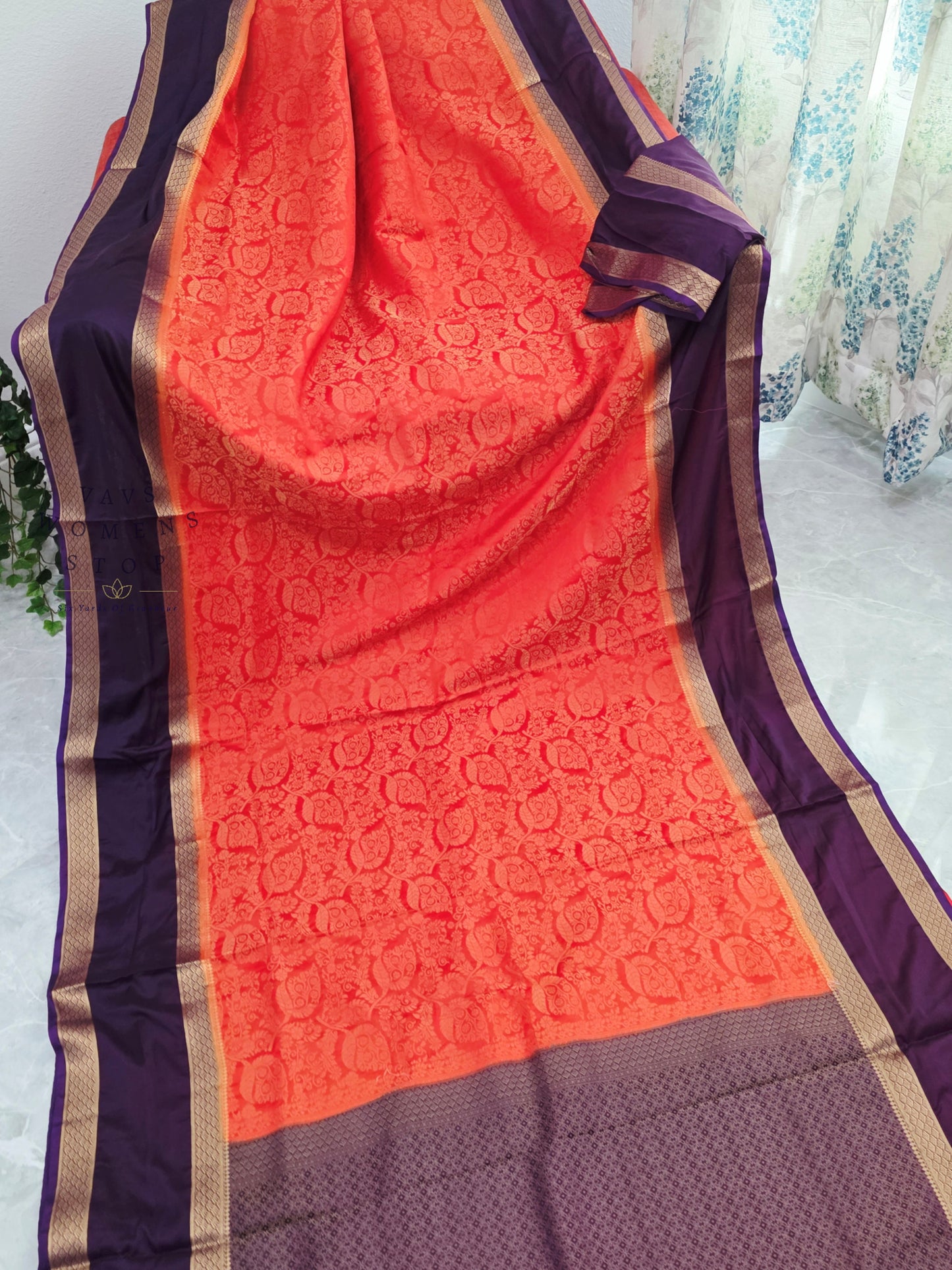 Royal Coral Peach & Orchid Purple Gap Border Semi Mysore Crepe Silk Saree with Unstitched Blouse Piece