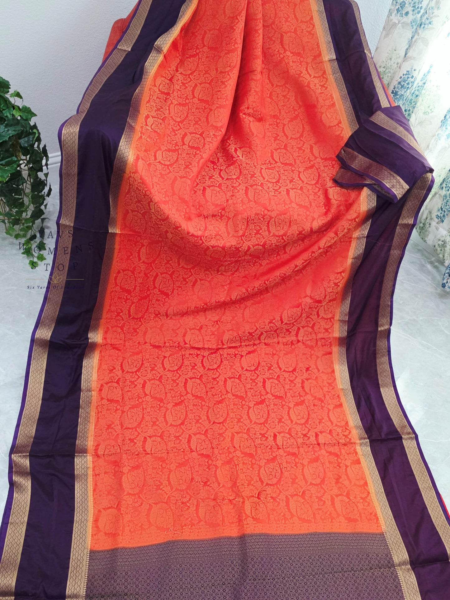 Royal Coral Peach & Orchid Purple Gap Border Semi Mysore Crepe Silk Saree with Unstitched Blouse Piece