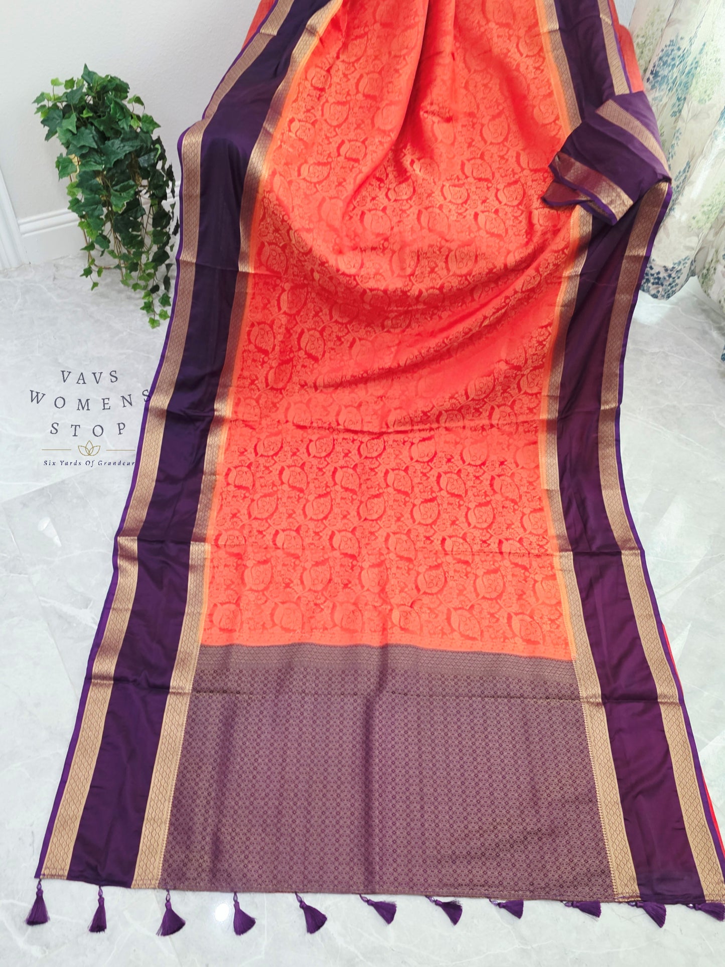 Royal Coral Peach & Orchid Purple Gap Border Semi Mysore Crepe Silk Saree with Unstitched Blouse Piece