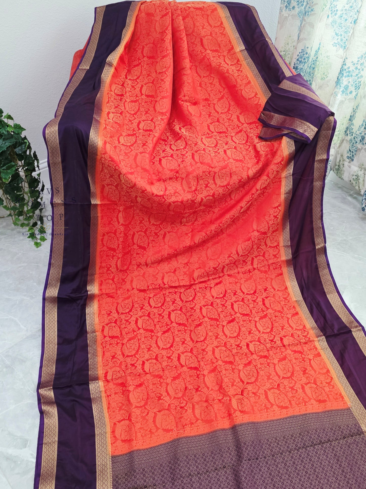 Royal Coral Peach & Orchid Purple Gap Border Semi Mysore Crepe Silk Saree with Unstitched Blouse Piece