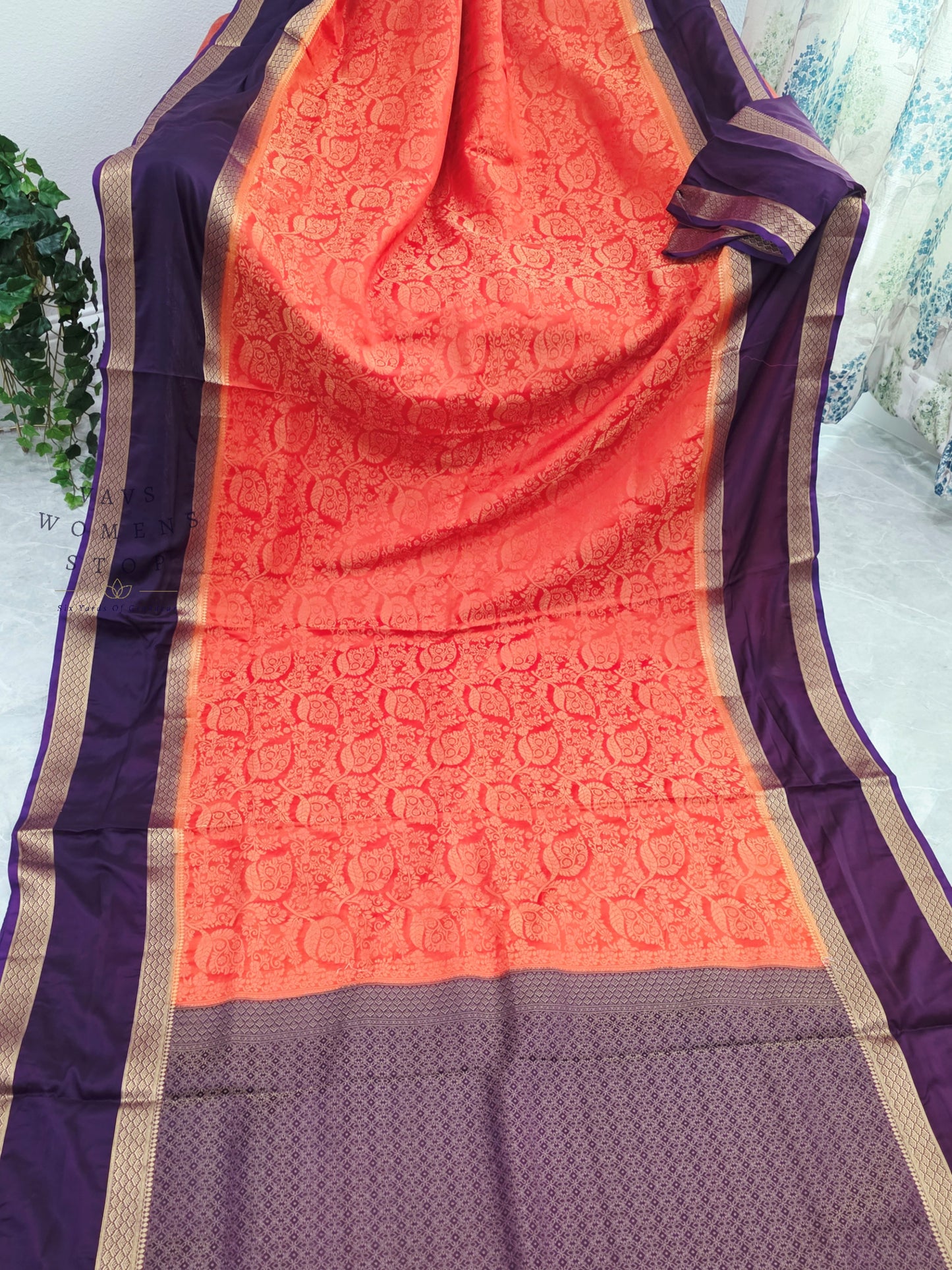 Royal Coral Peach & Orchid Purple Gap Border Semi Mysore Crepe Silk Saree with Unstitched Blouse Piece
