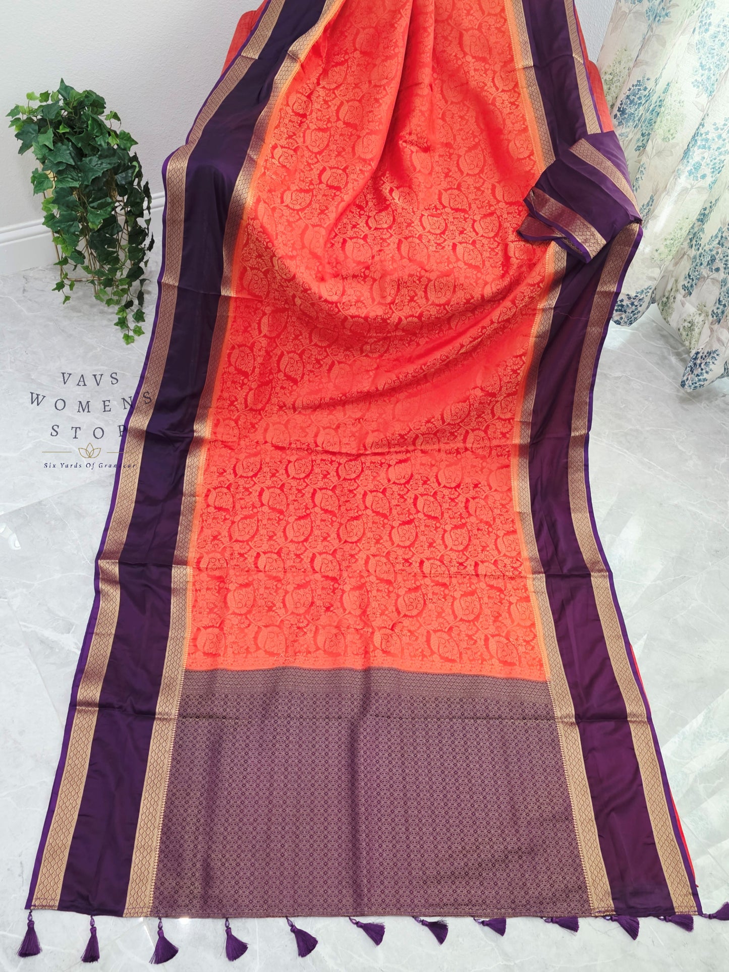 Royal Coral Peach & Orchid Purple Gap Border Semi Mysore Crepe Silk Saree with Unstitched Blouse Piece