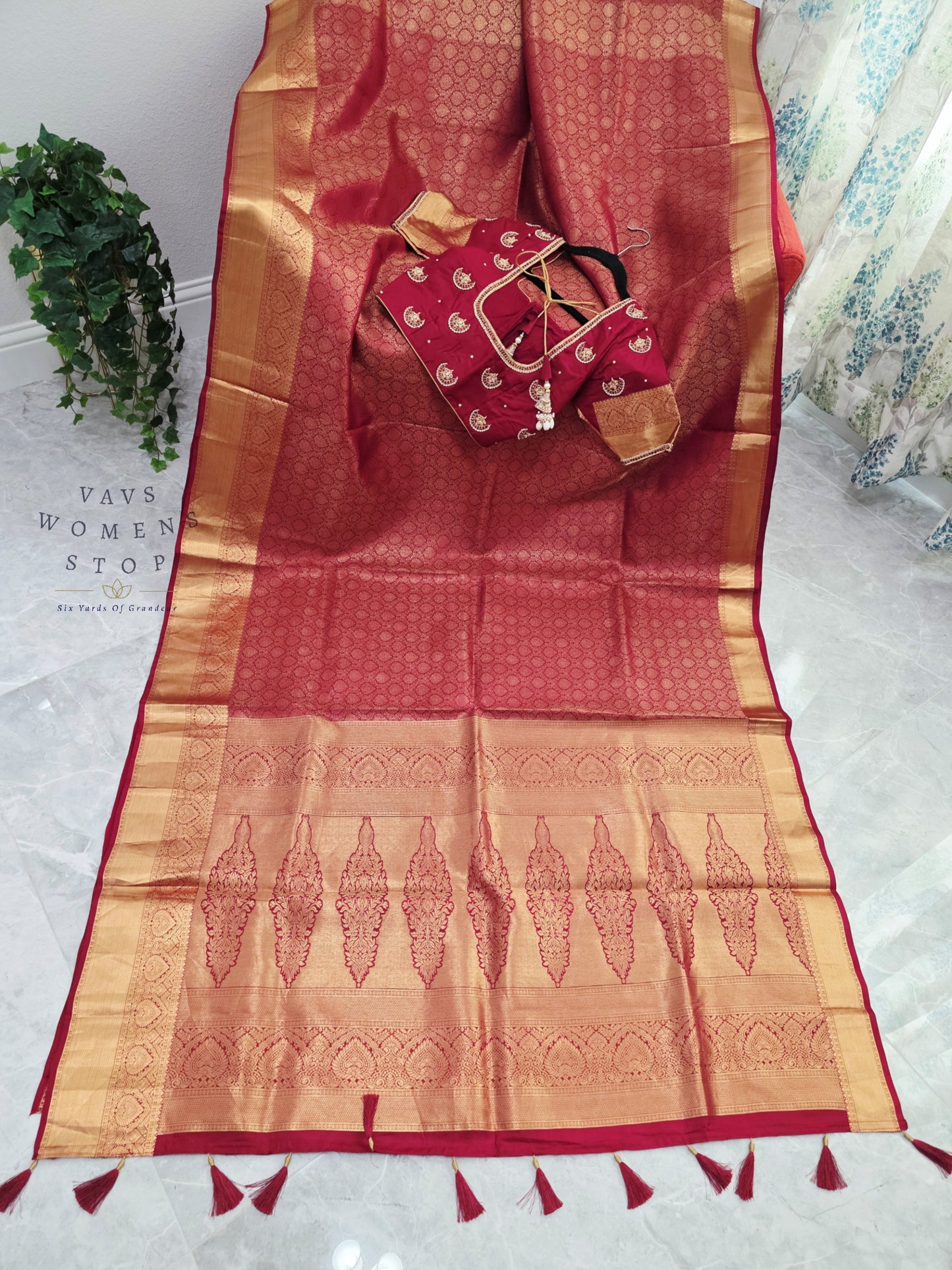 Royal Maroon Red Pure Kanchipuram Double Warp Soft Silk Saree with Maggam Blouse