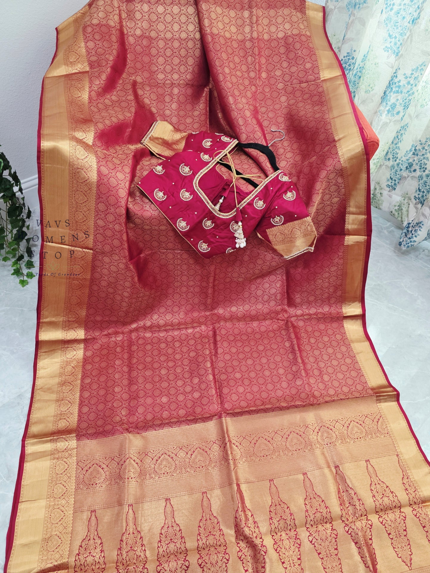 Royal Maroon Red Pure Kanchipuram Double Warp Soft Silk Saree with Maggam Blouse