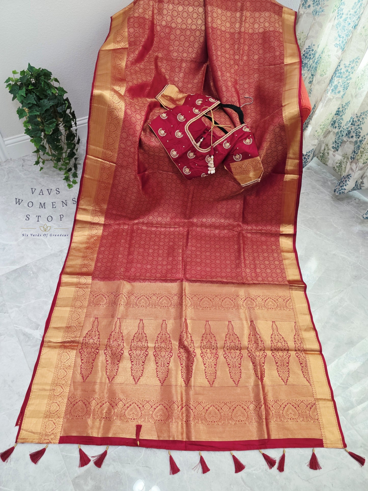 Royal Maroon Red Pure Kanchipuram Double Warp Soft Silk Saree with Maggam Blouse