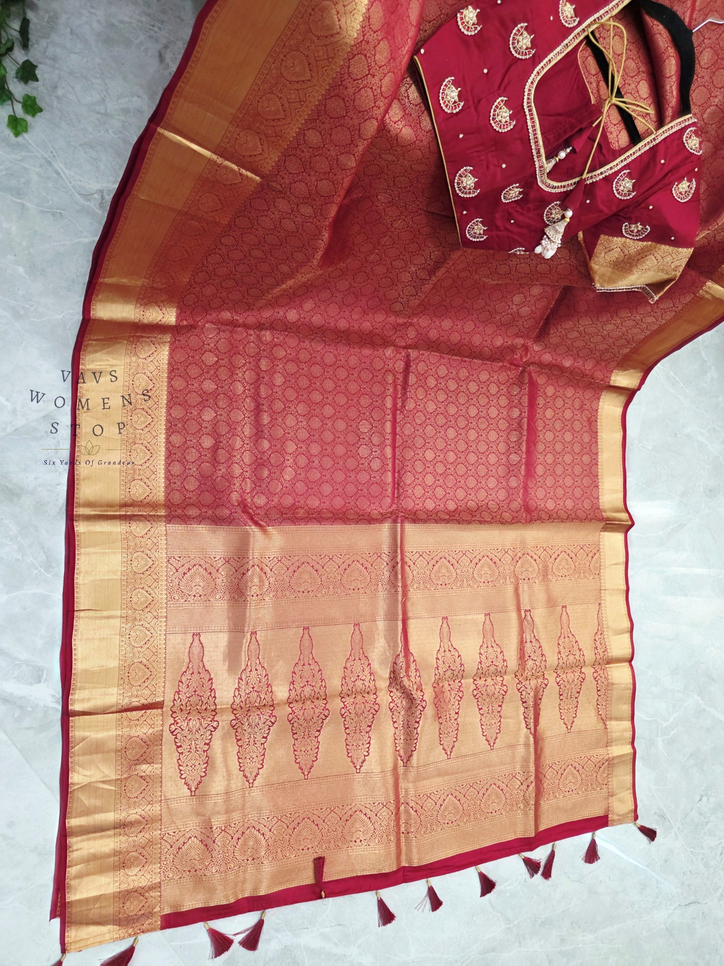 Royal Maroon Red Pure Kanchipuram Double Warp Soft Silk Saree with Maggam Blouse