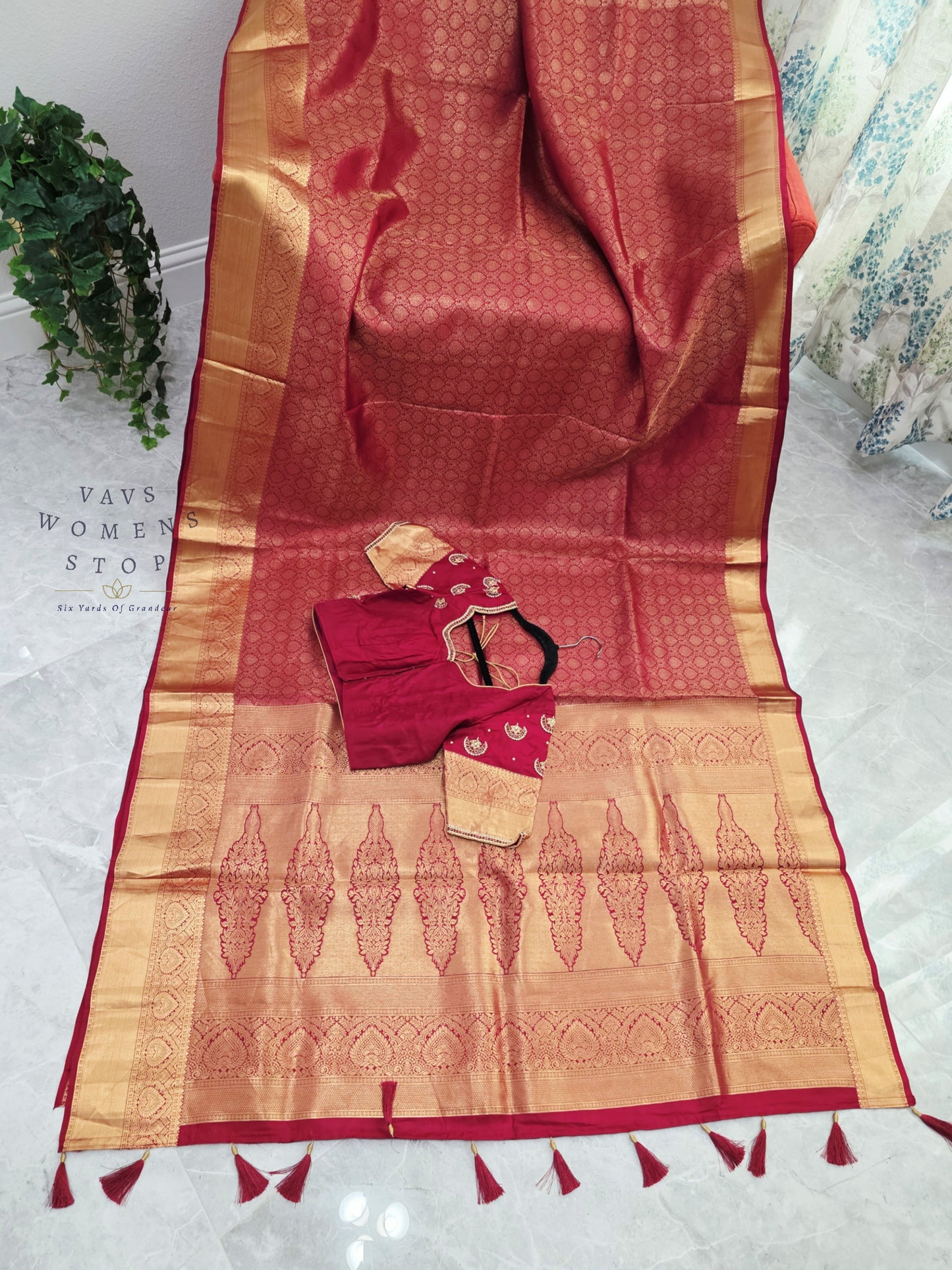 Royal Maroon Red Pure Kanchipuram Double Warp Soft Silk Saree with Maggam Blouse