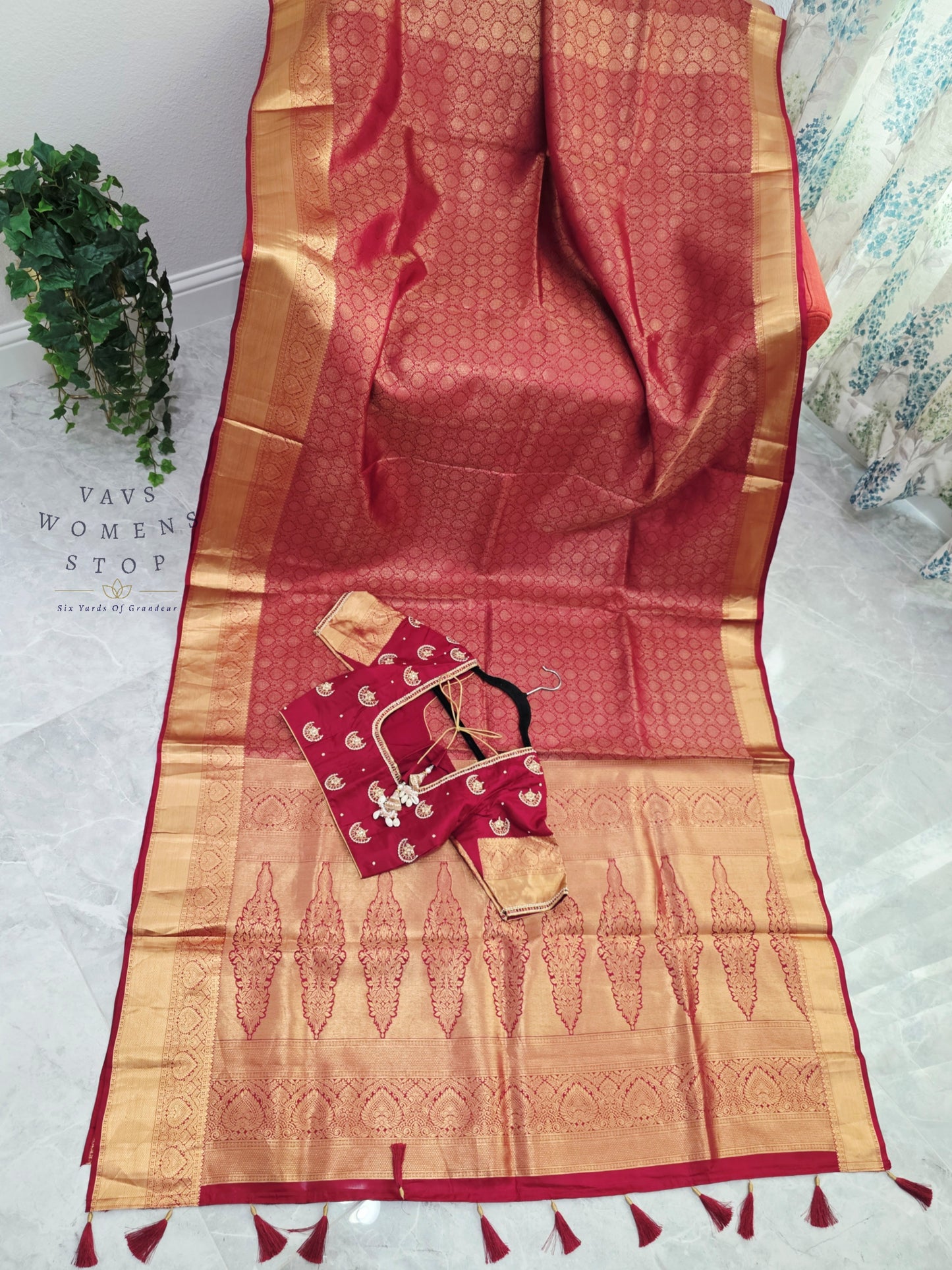 Royal Maroon Red Pure Kanchipuram Double Warp Soft Silk Saree with Maggam Blouse