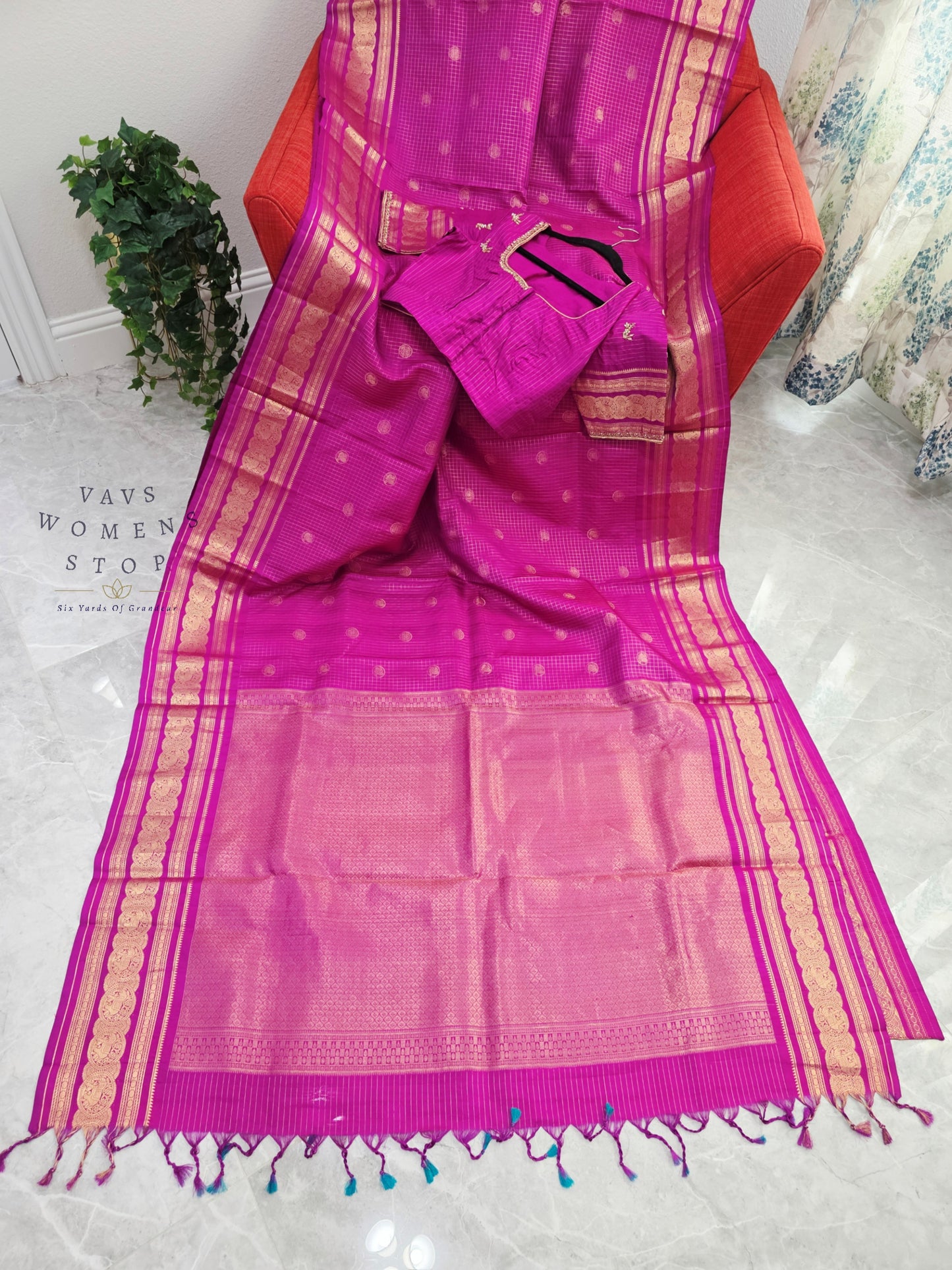 Royal Fuchsia Pink Pure Kanchi Soft Silk Checks Saree with Stitched Blouse Size 36-42