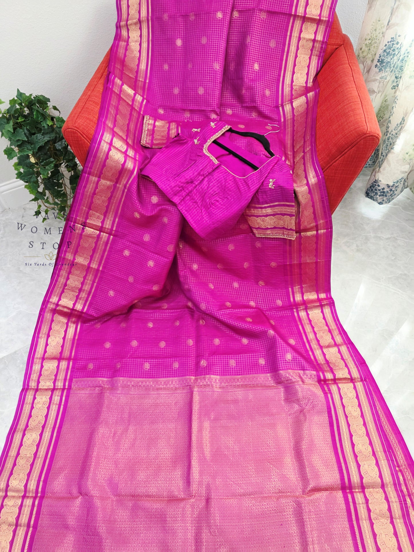 Royal Fuchsia Pink Pure Kanchi Soft Silk Checks Saree with Stitched Blouse Size 36-42