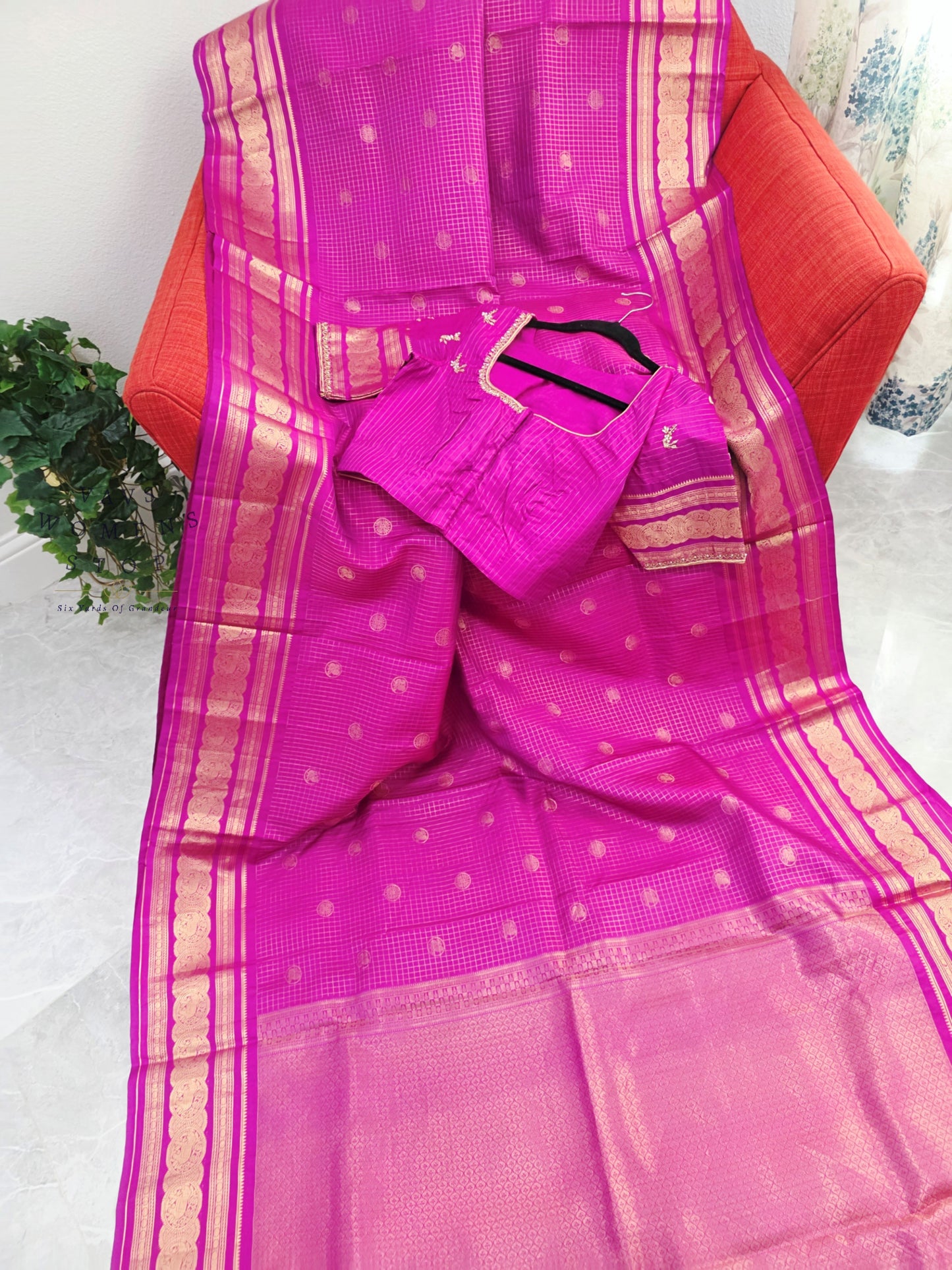 Royal Fuchsia Pink Pure Kanchi Soft Silk Checks Saree with Stitched Blouse Size 36-42