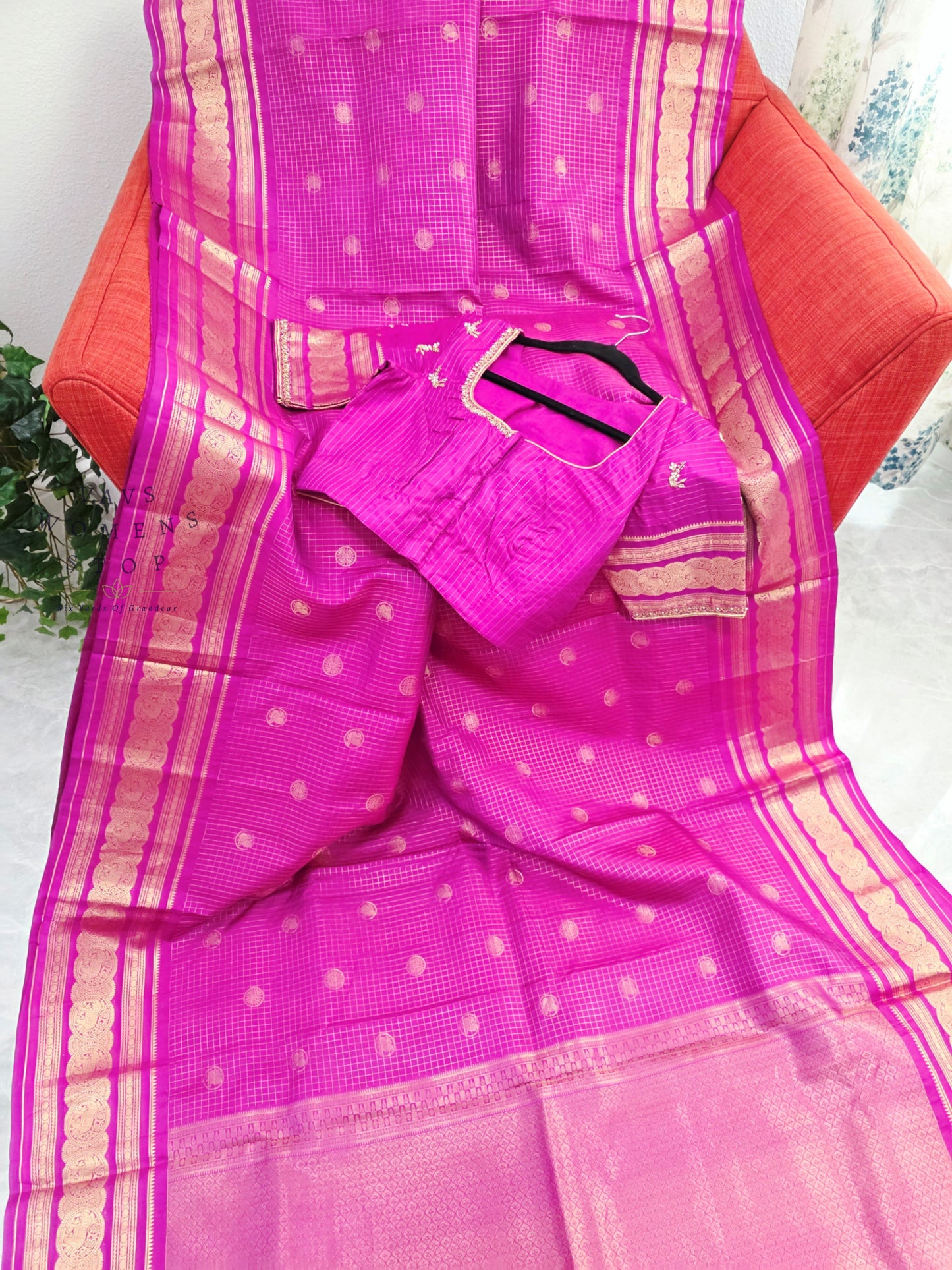 Royal Fuchsia Pink Pure Kanchi Soft Silk Checks Saree with Stitched Blouse Size 36-42