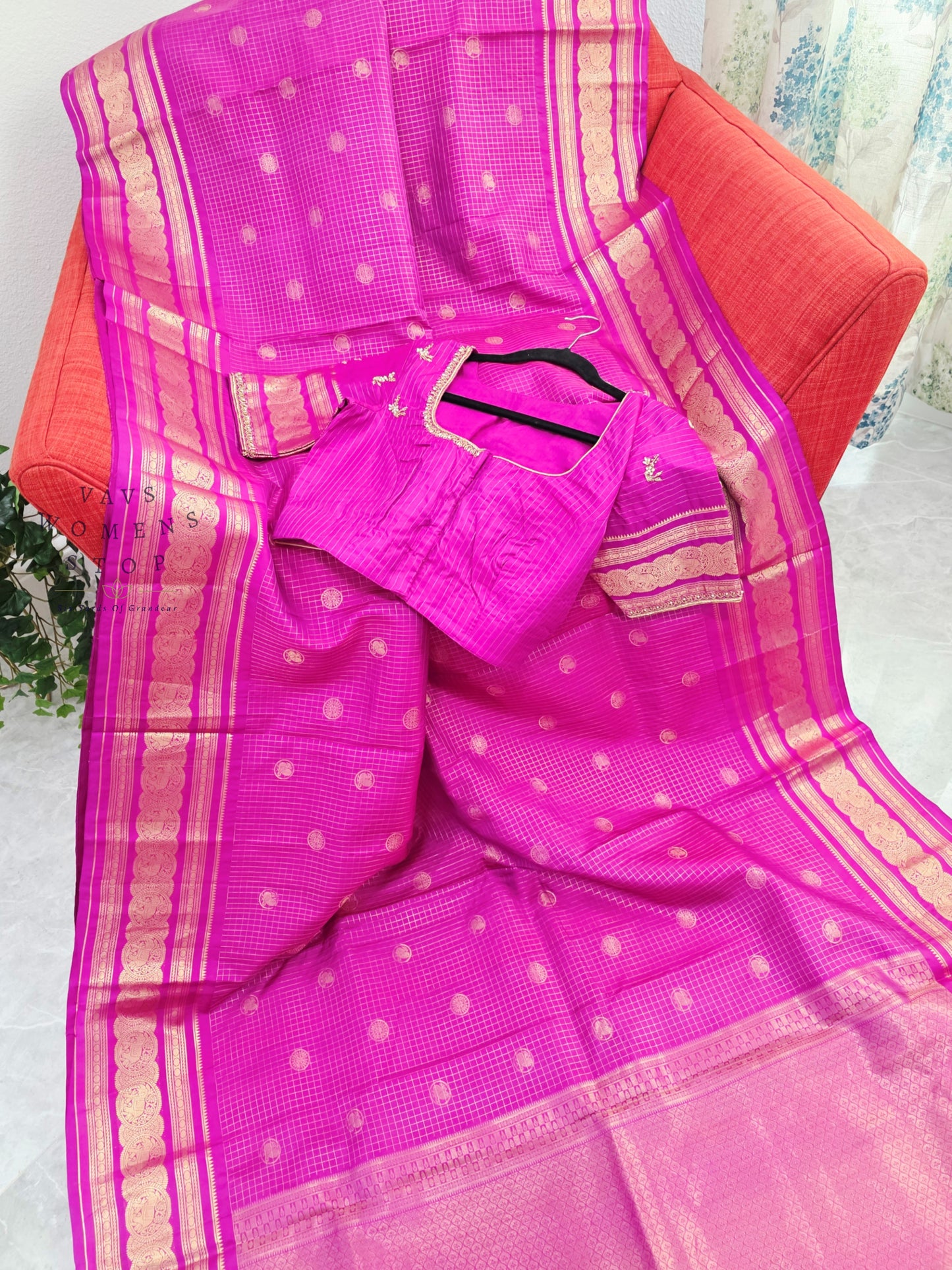 Royal Fuchsia Pink Pure Kanchi Soft Silk Checks Saree with Stitched Blouse Size 36-42