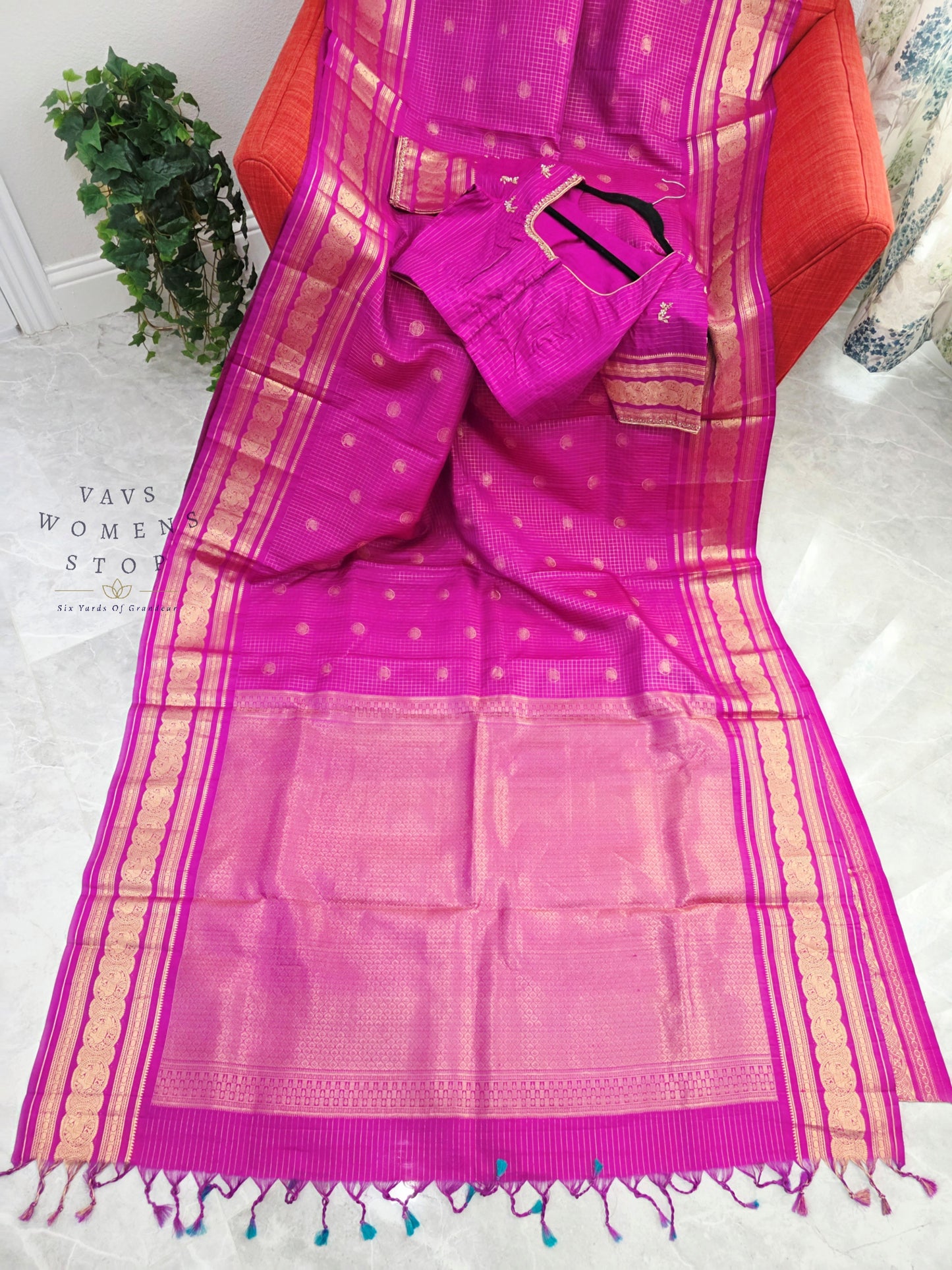 Royal Fuchsia Pink Pure Kanchi Soft Silk Checks Saree with Stitched Blouse Size 36-42
