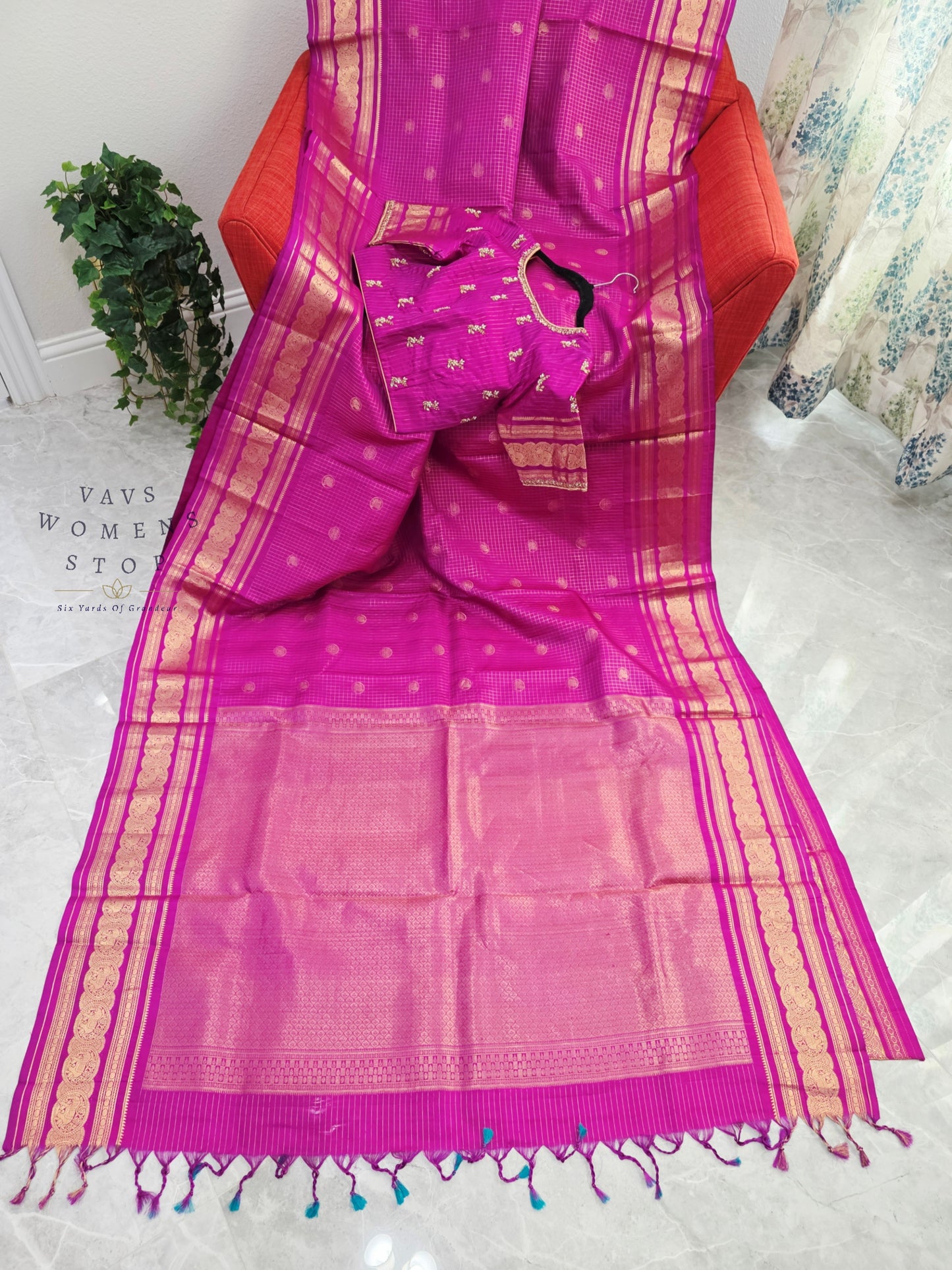 Royal Fuchsia Pink Pure Kanchi Soft Silk Checks Saree with Stitched Blouse Size 36-42
