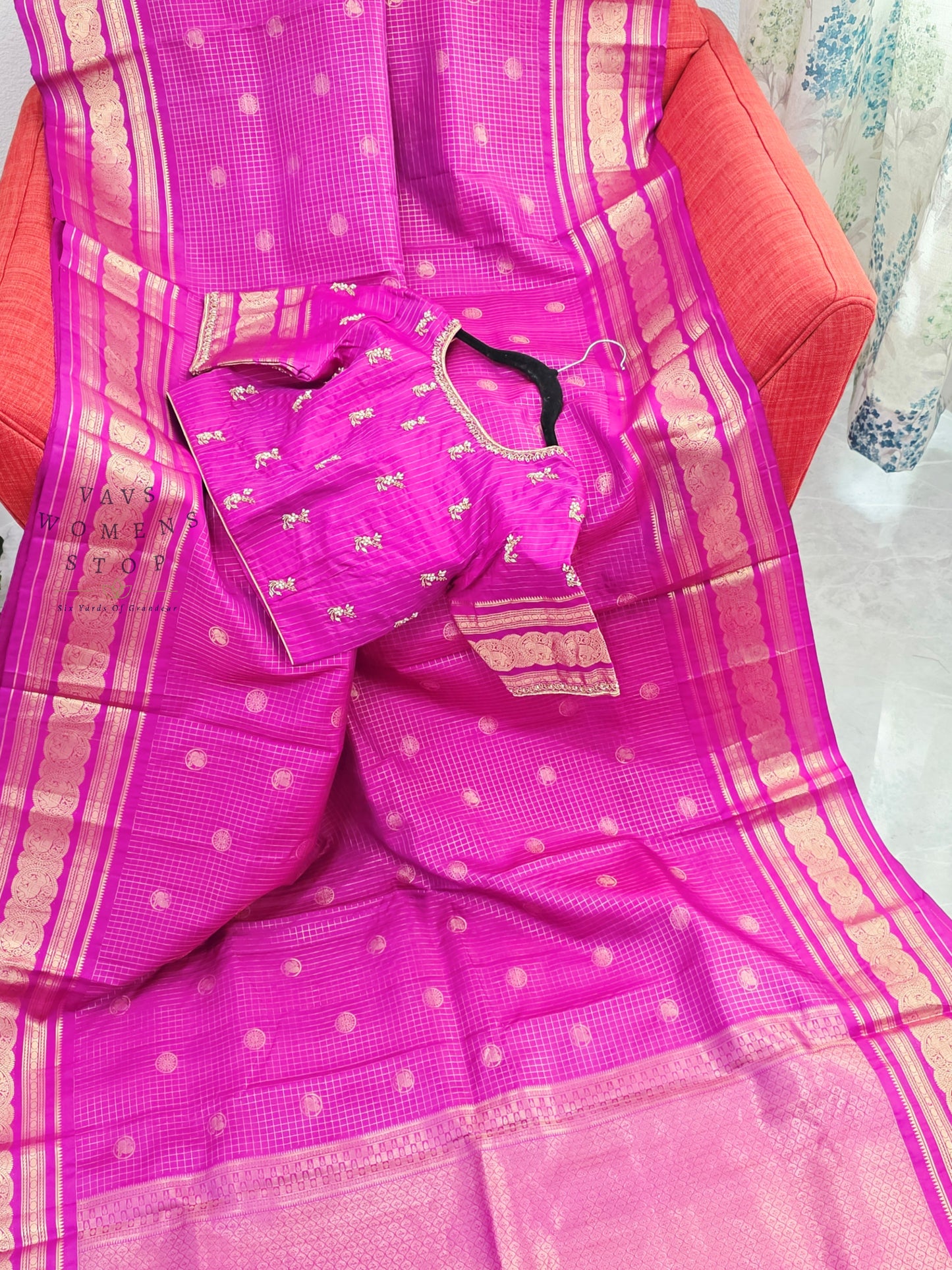 Royal Fuchsia Pink Pure Kanchi Soft Silk Checks Saree with Stitched Blouse Size 36-42