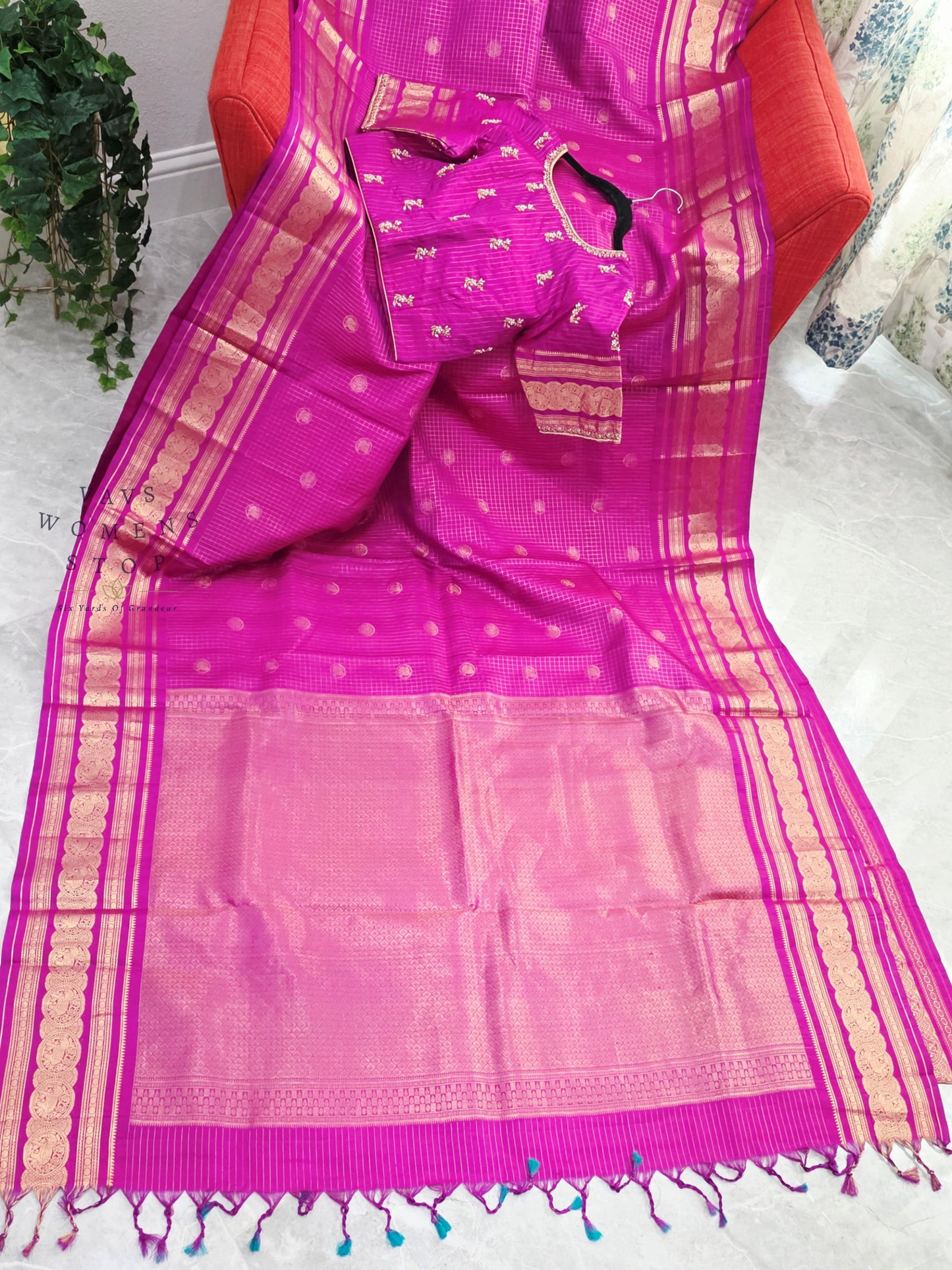 Royal Fuchsia Pink Pure Kanchi Soft Silk Checks Saree with Stitched Blouse Size 36-42