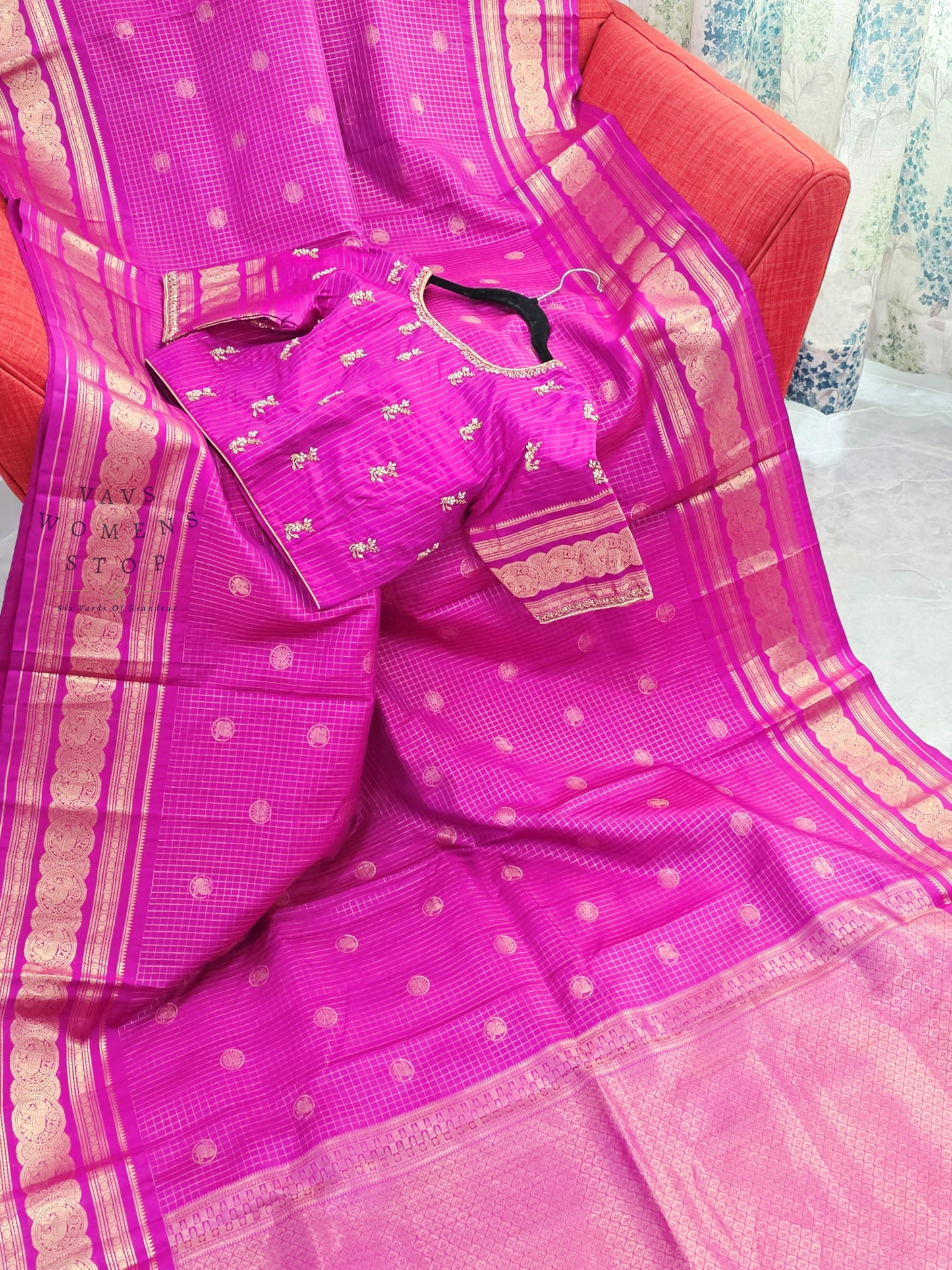 Royal Fuchsia Pink Pure Kanchi Soft Silk Checks Saree with Stitched Blouse Size 36-42