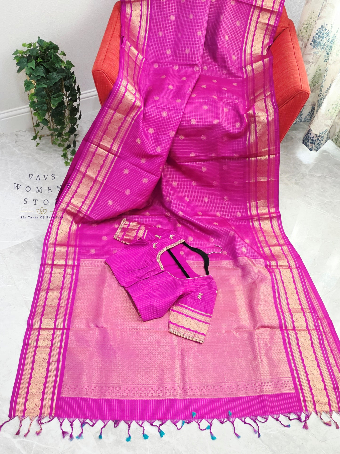 Royal Fuchsia Pink Pure Kanchi Soft Silk Checks Saree with Stitched Blouse Size 36-42