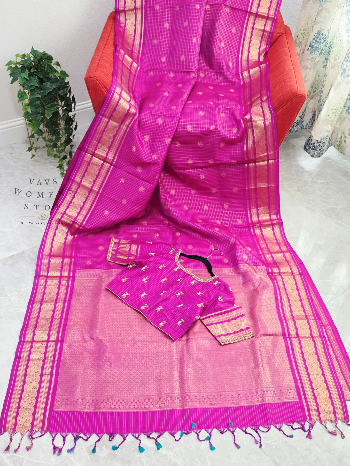 Royal Fuchsia Pink Pure Kanchi Soft Silk Checks Saree with Stitched Blouse Size 36-42