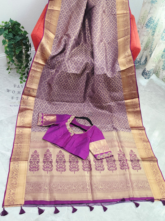 Royal Orchid Purple Pure Kanchipuram Double Warp Soft Silk Saree with Maggam Blouse Size 38-44
